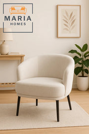 Beige Fabric Accent Chair Ð Modern Curved Armchair with Cushioned Seat and Sturdy Black Legs