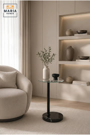Modern Glass Side Table √ê Round Tempered Glass Accent Table with Black Marble Base for Living Room, Bedroom & Lounge
