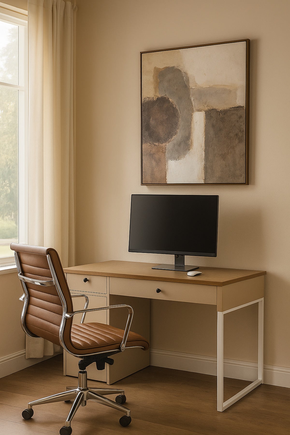 White & Wood Office Desk 120_60x75 cm Ð Modern Work Table with Drawer, Cabinet & White Legs