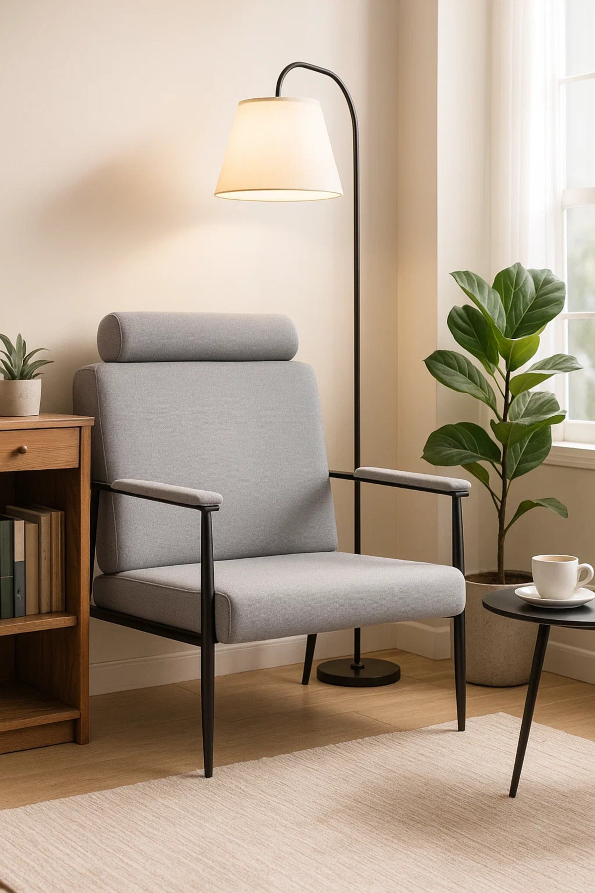 Light Grey Lounge Chair with Headrest | Modern Comfortable Armchair for Living Room & Office Decor