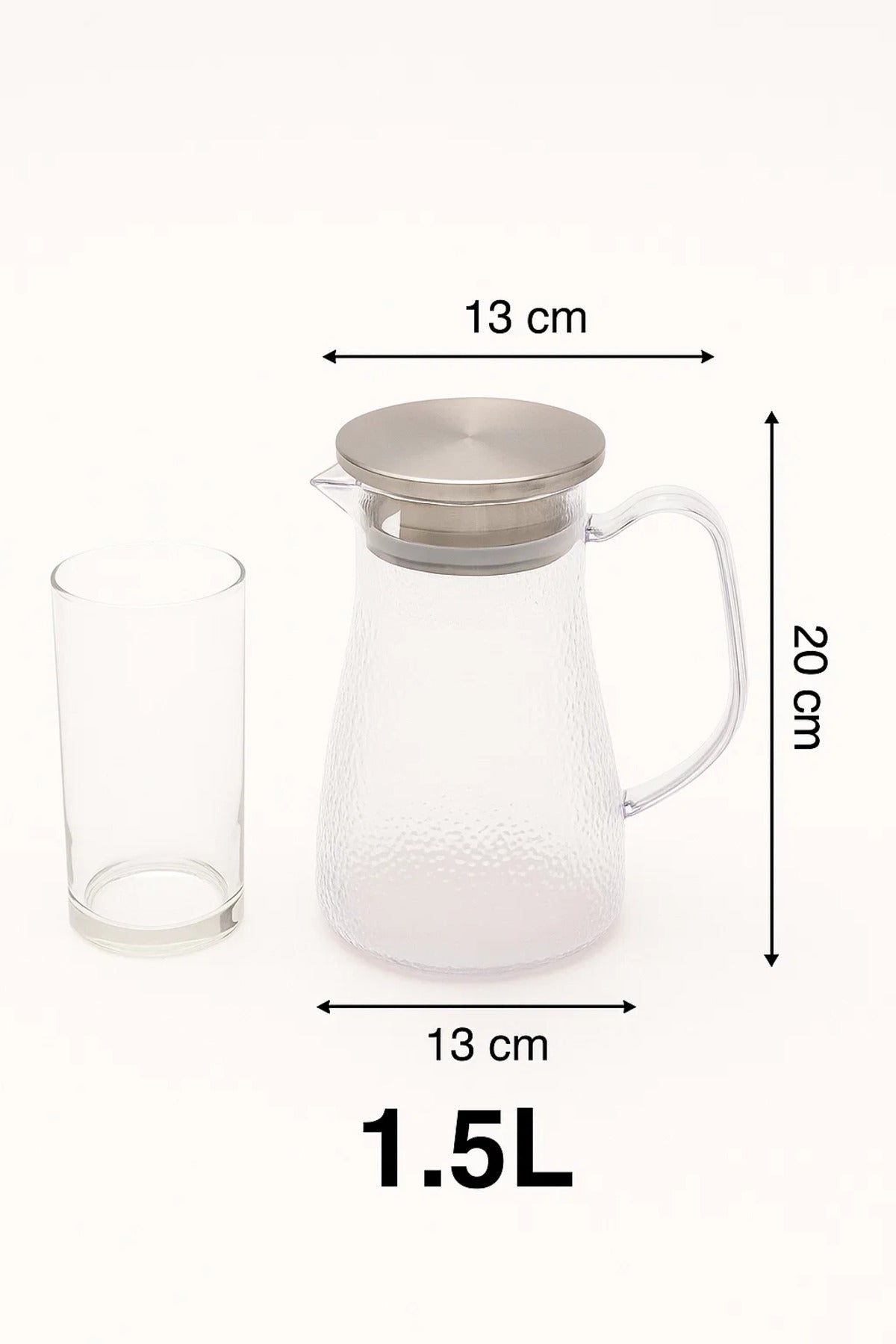 Clear Textured Glass Water Pitcher with Stainless Steel Lid Ð 1.3 Liter