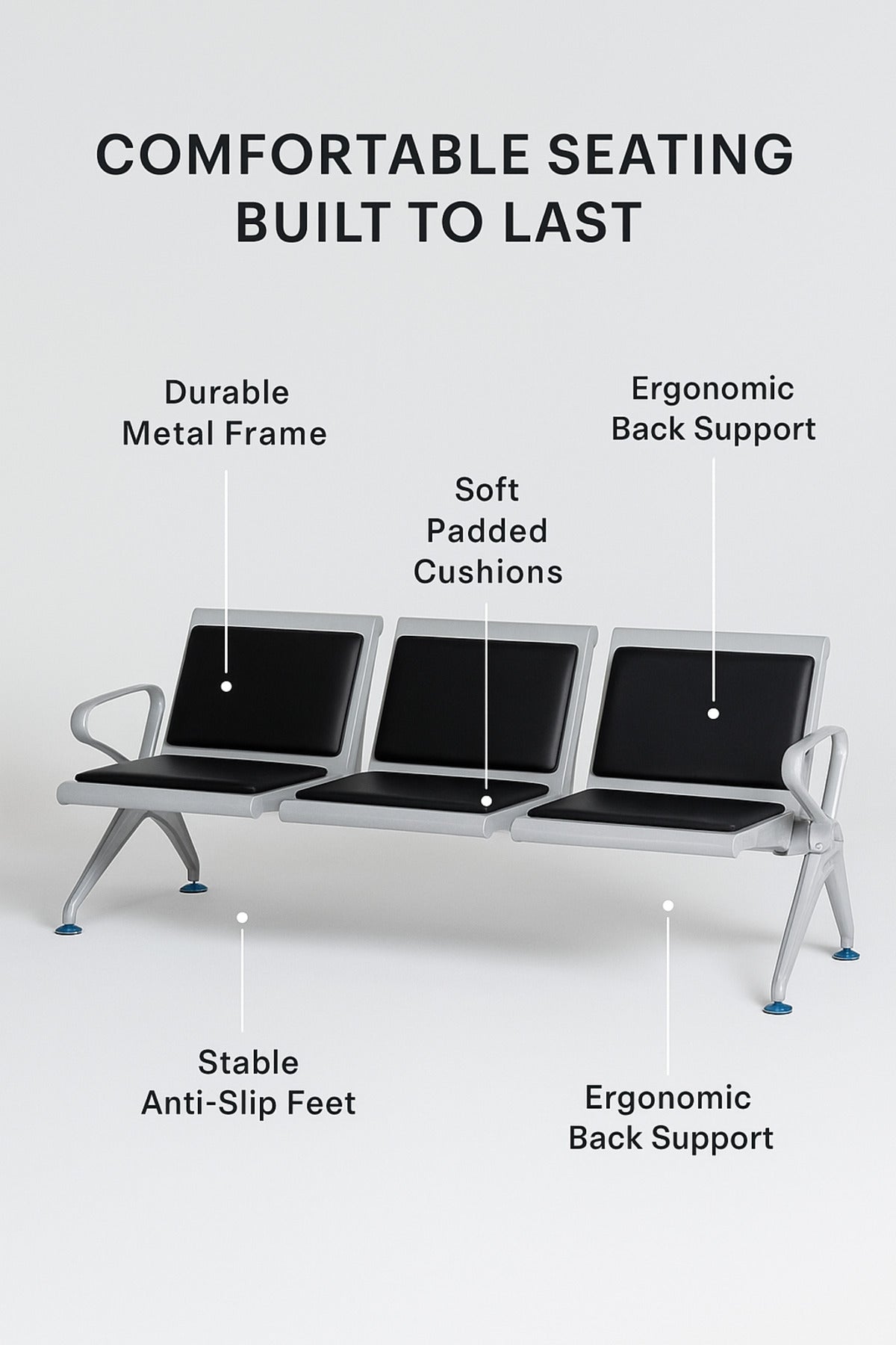 Silver 3-Seater Waiting Chair 175_68_78cmMetal Frame Bench with Cushions for Hospital & Reception