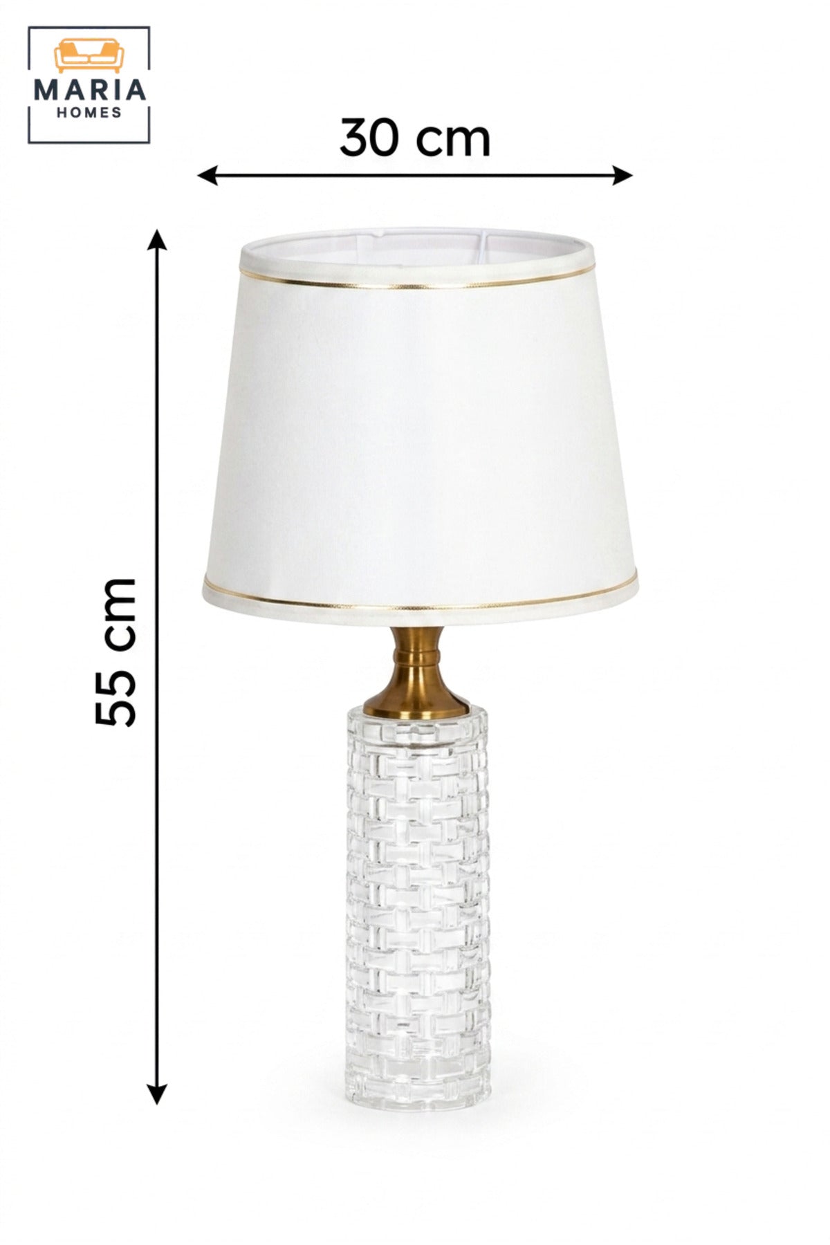 Luxury Crystal Table Lamp with White Fabric Shade, Gold Tone Details and Textured Clear Base for Bedroom, Living Room, Office, Hotel and Bedside Décor