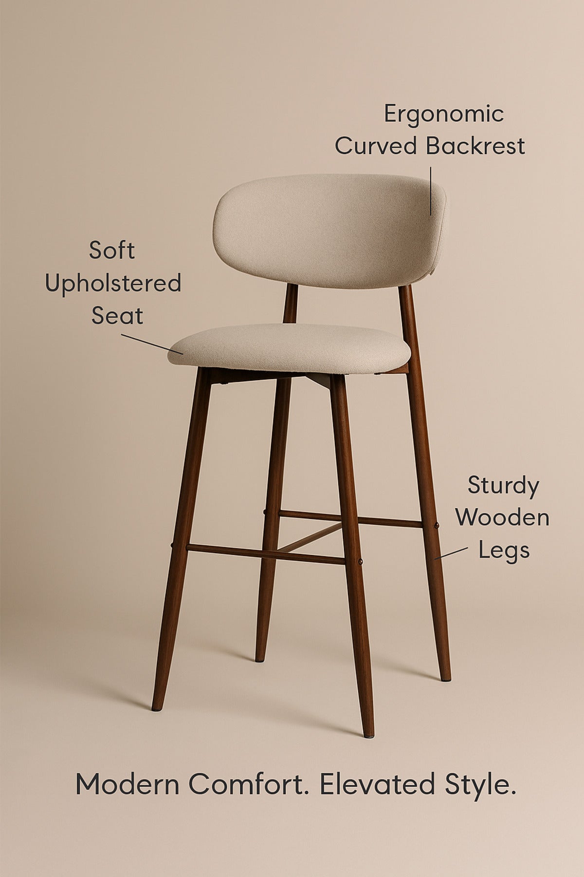 Beige Fabric Bar Stool Ð Modern High Chair with Backrest & Wooden Legs for Kitchen or CafŽ