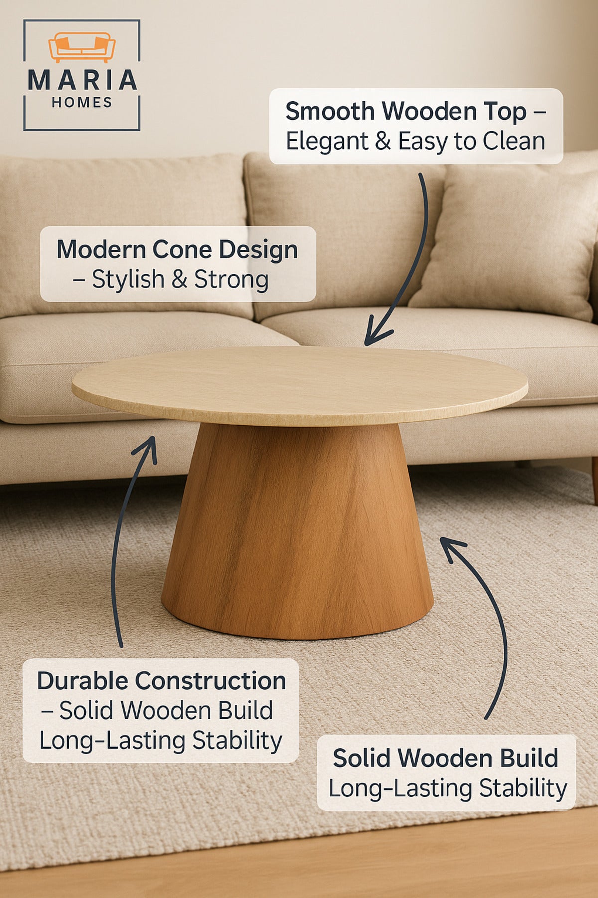 Round Coffee Table 90_45 cm Ð Modern Beige Laminate Top with Brown Wooden Base