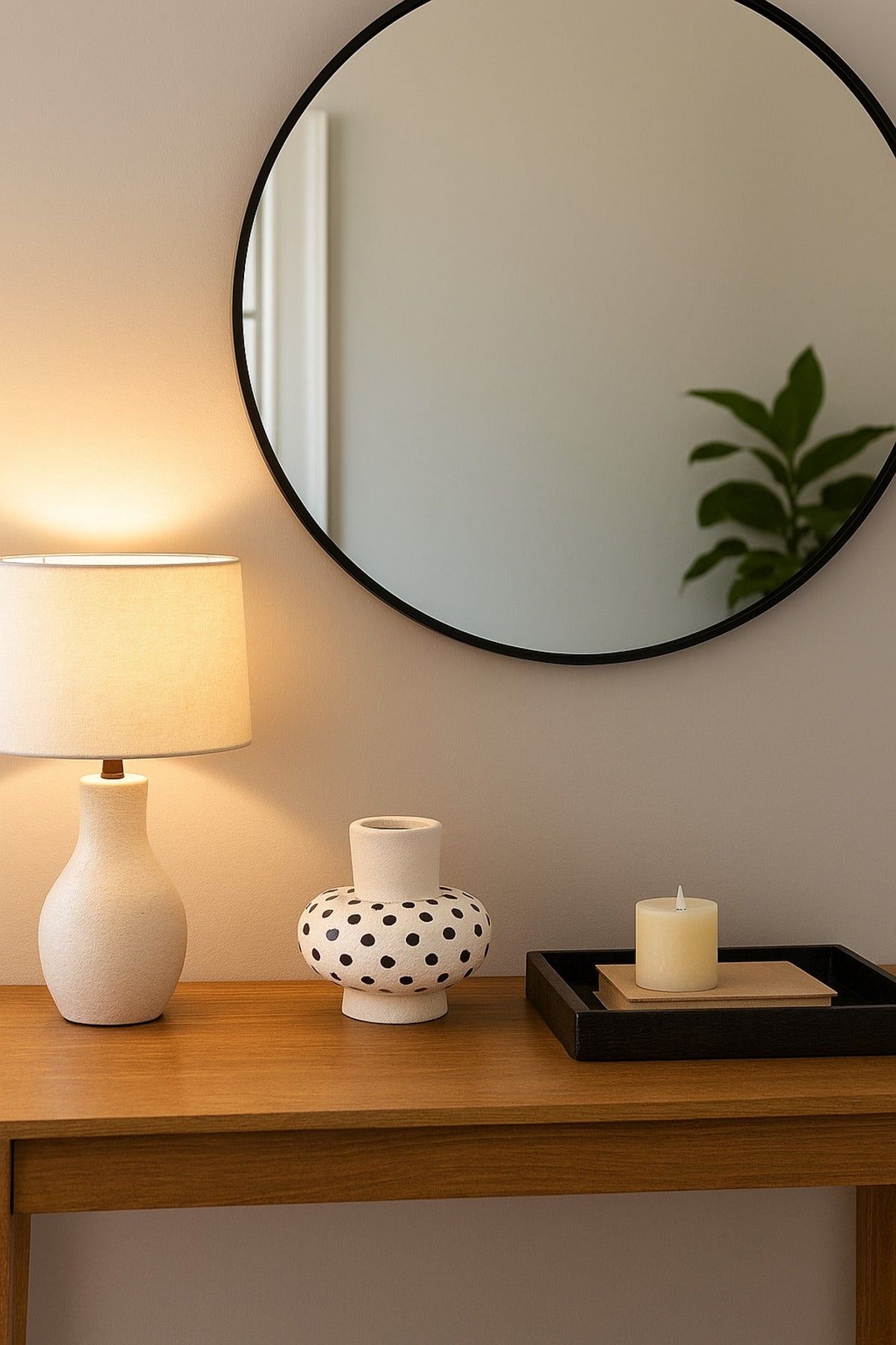 Natural White Ceramic Vase with Black Dots Ð Round Flat Decorative Vase