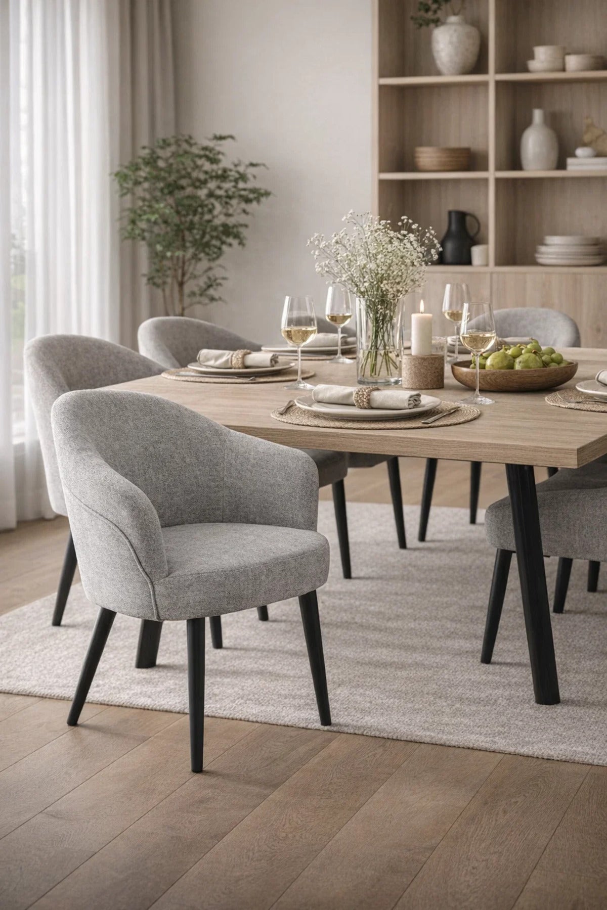 Stylish Grey Upholstered Dining Chair Modern Armchair with Black Tapered Legs for Kitchen Salon