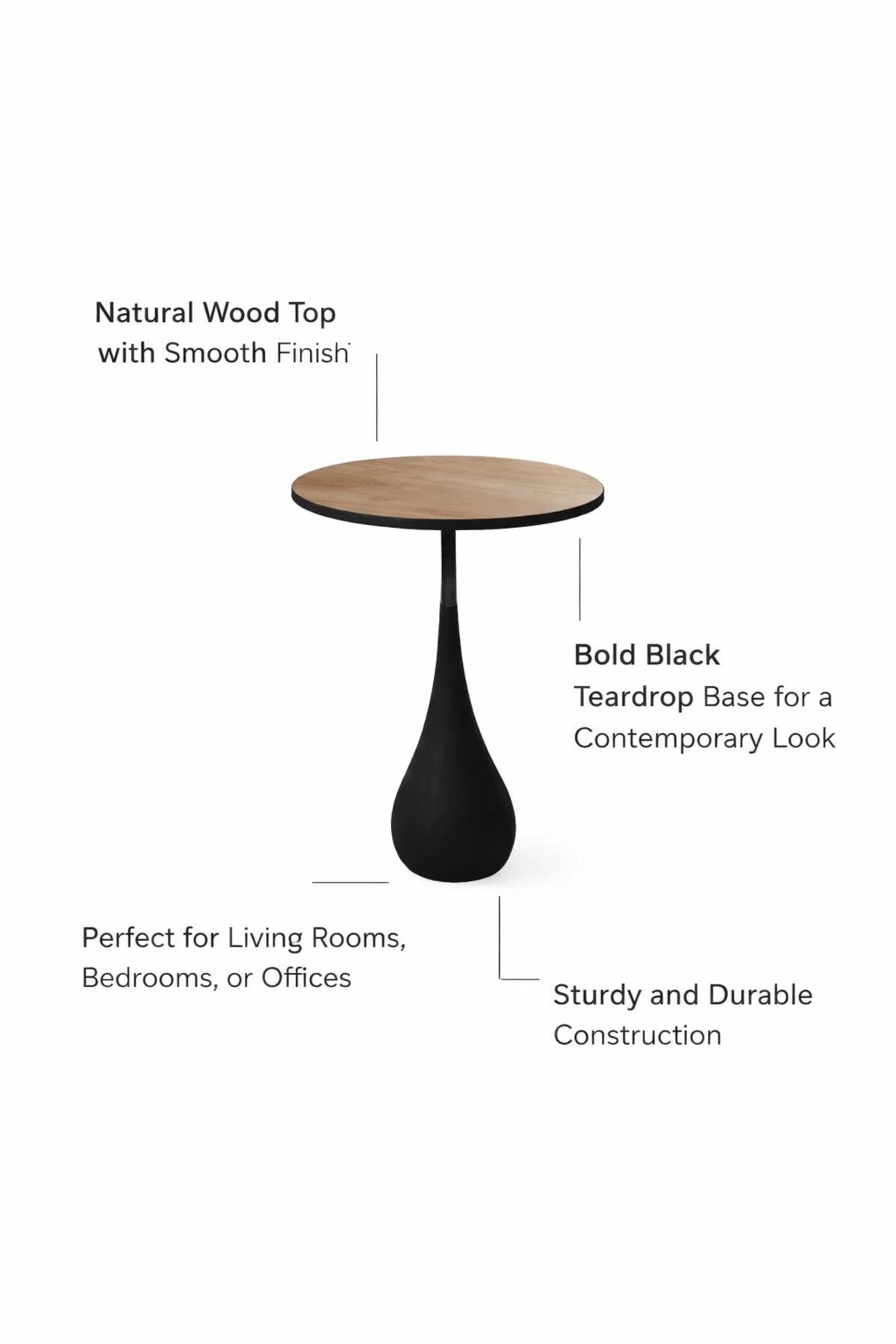 Stylish Round End Side Table Brown Wood Top Black Metal Pedestal Base Modern Living Room Decor 60cm