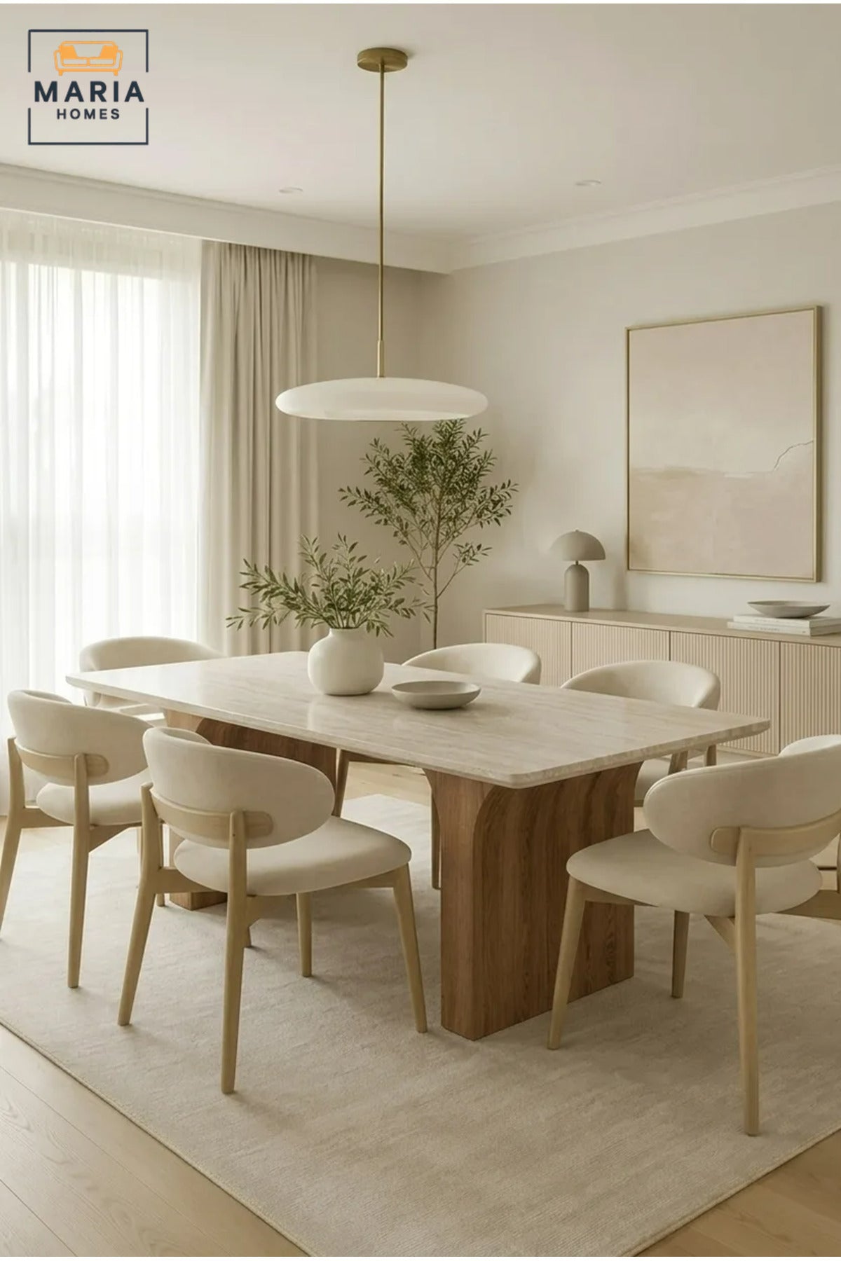 Large Rectangular Dining Table with Wooden Top and Curved Wooden Pedestal Legs, Modern Table for Dining Room, Kitchen, Café and Restaurant, Table Only Without Chairs
