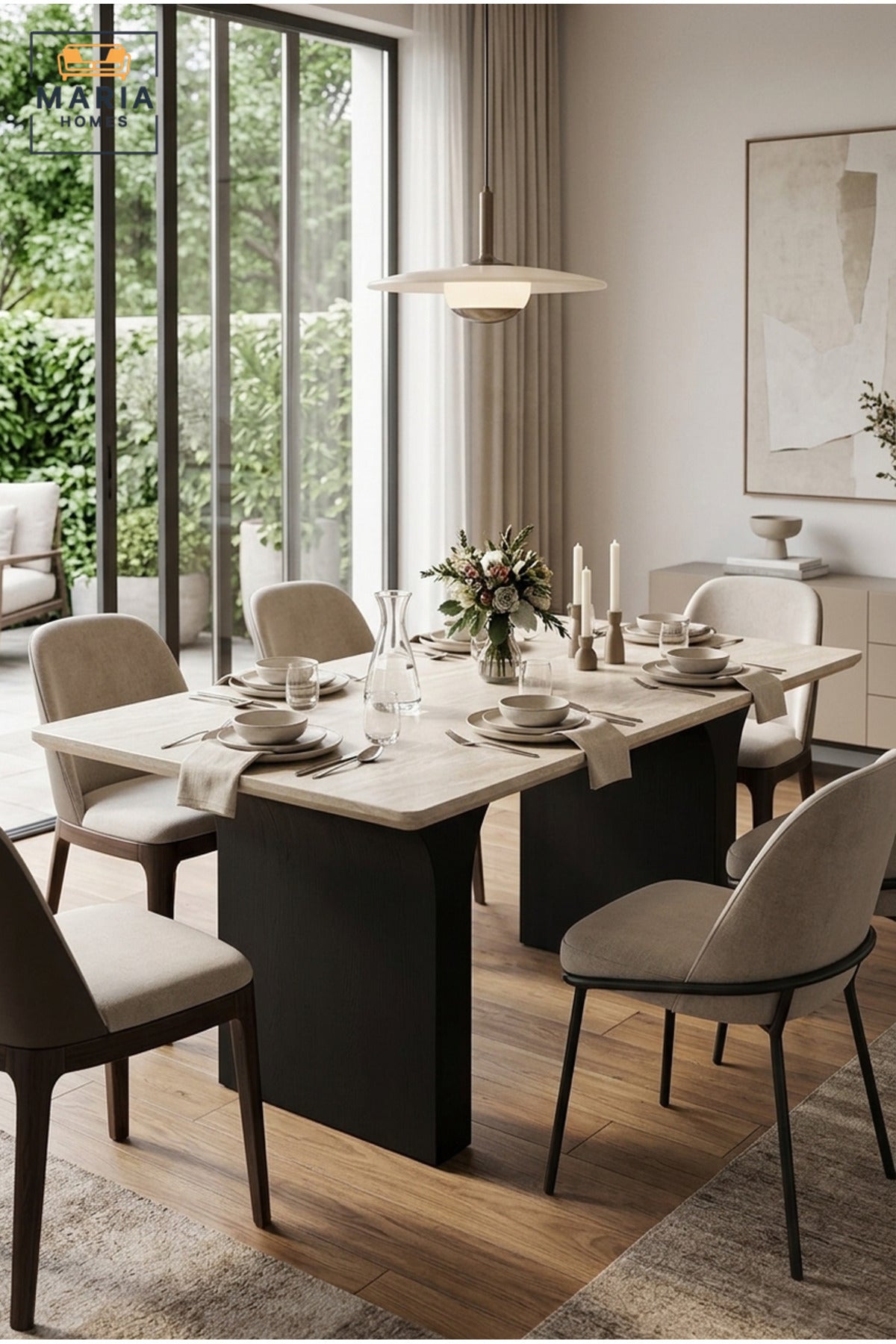 Modern Rectangular Dining Table with Wooden Top and Curved Pedestal Legs, Contemporary Table for Dining Room, Kitchen, Café and Restaurant