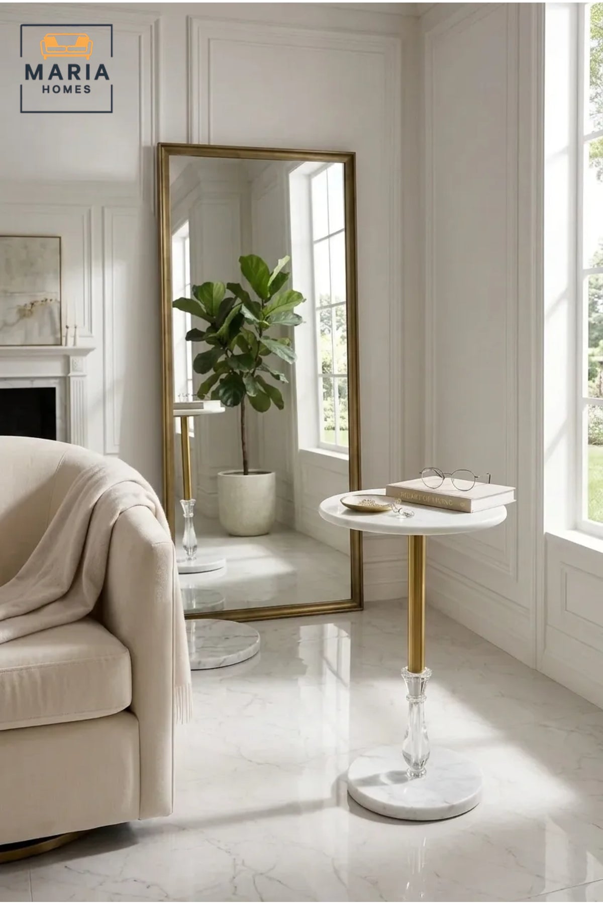 Modern Round Side Table with Marble-Effect Finish, Crystal Accent, and Gold Metal Frame