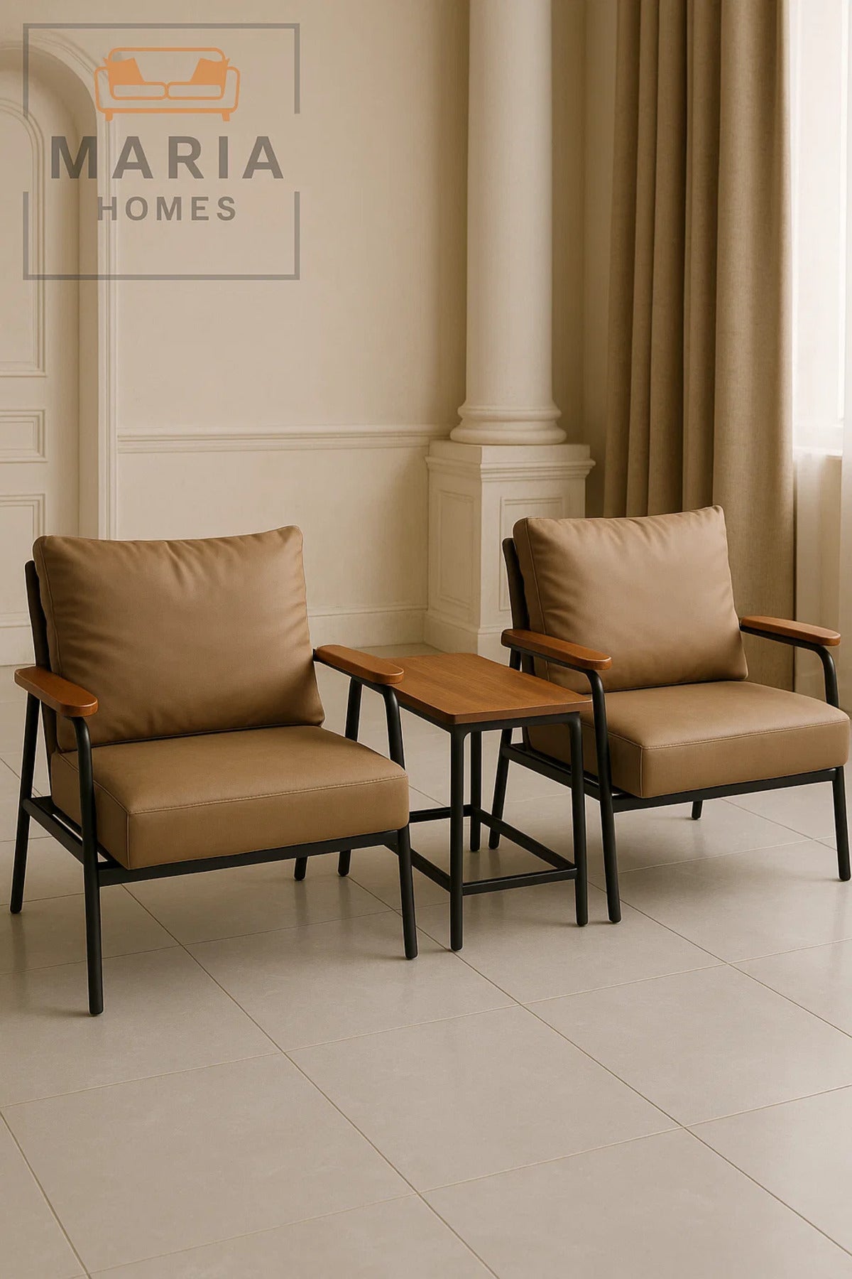 Beige Faux Leather Lounge Chair Ð Wooden Armrests & Metal Frame for Modern Living Room or Office