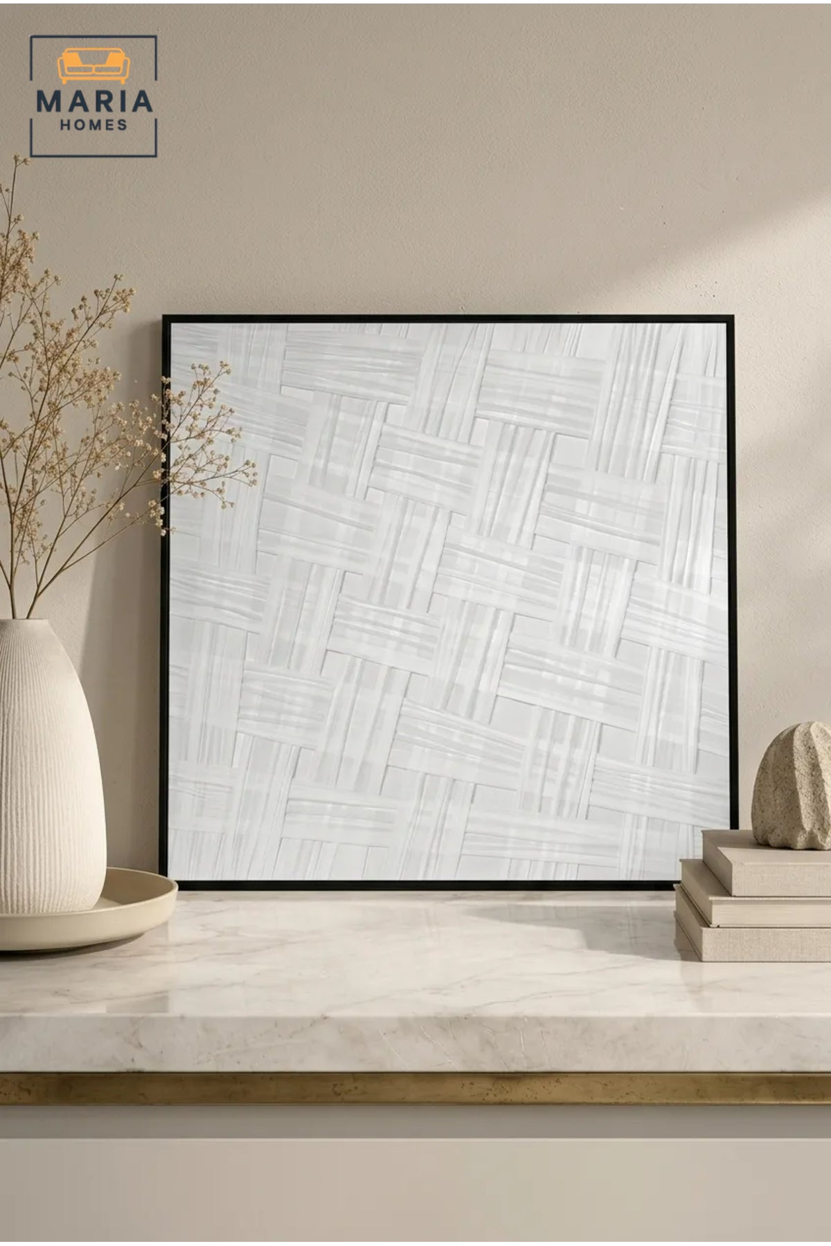 White Woven Texture Wall Art with Black Frame √ê Modern Abstract Minimalist Decorative Panel