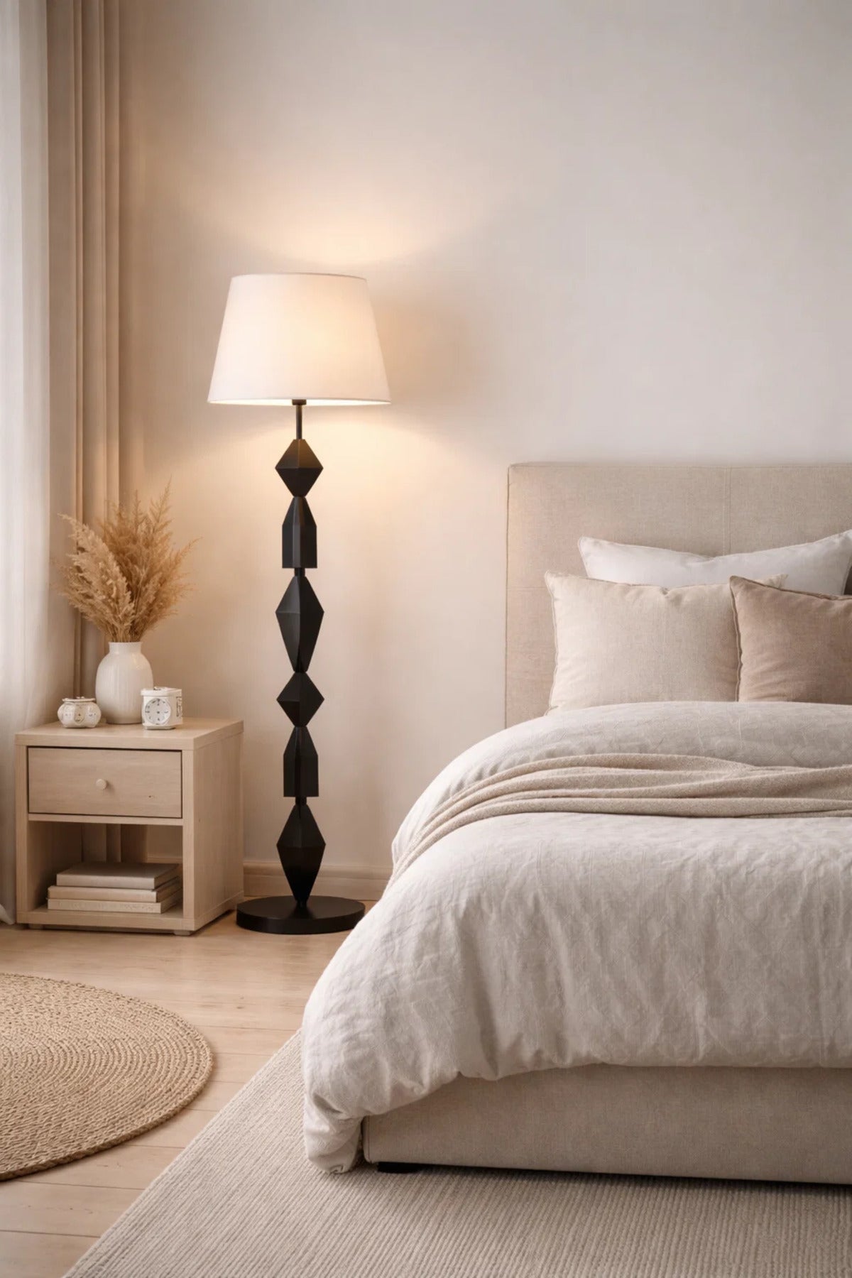 Modern Decorative Floor Lamp with Fabric Shade and Geometric Base Design
