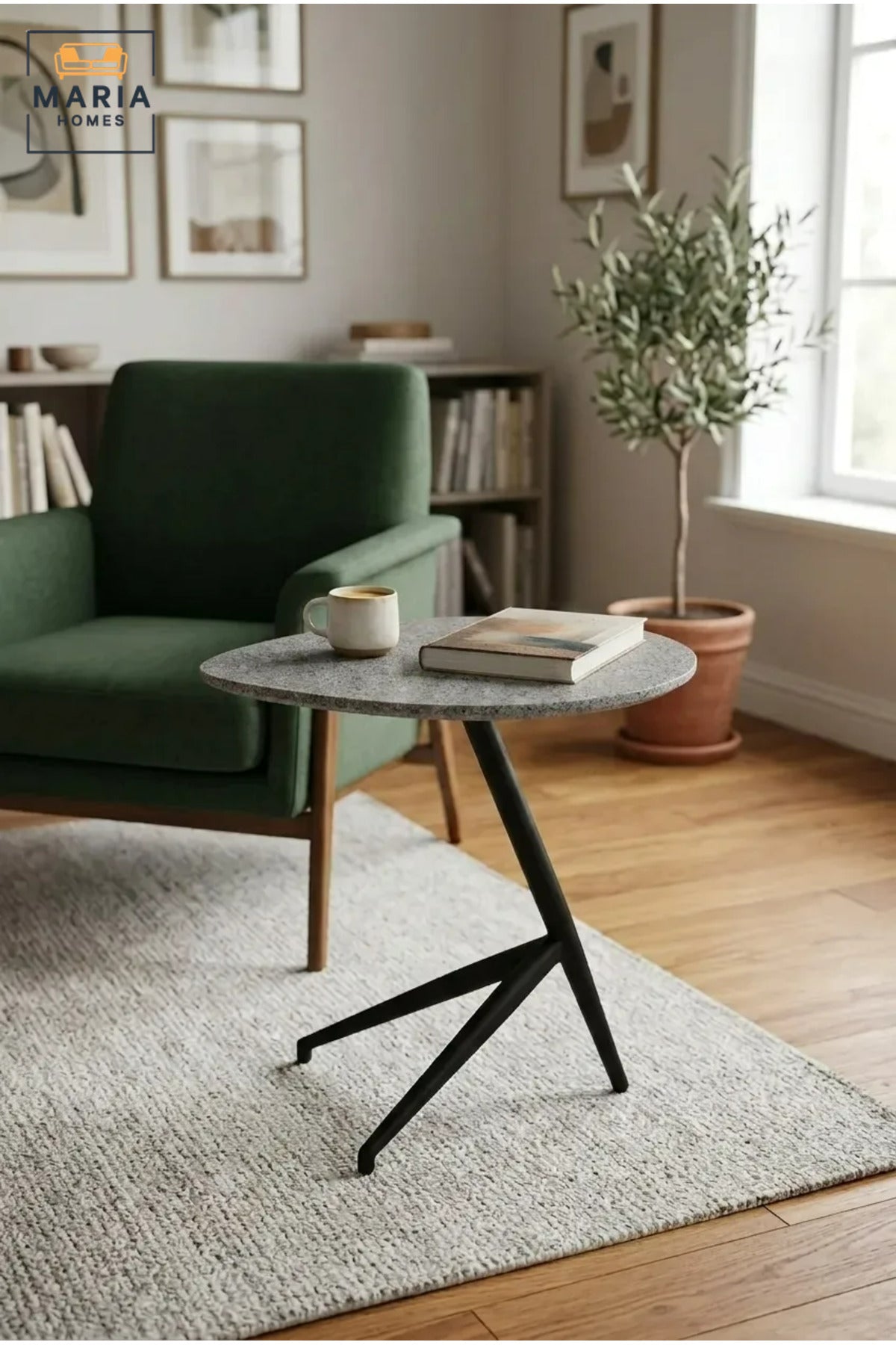Modern Accent Side Table with Stone-Effect Top & Geometric Base, Contemporary End Table for Living Room, Bedroom & Lounge