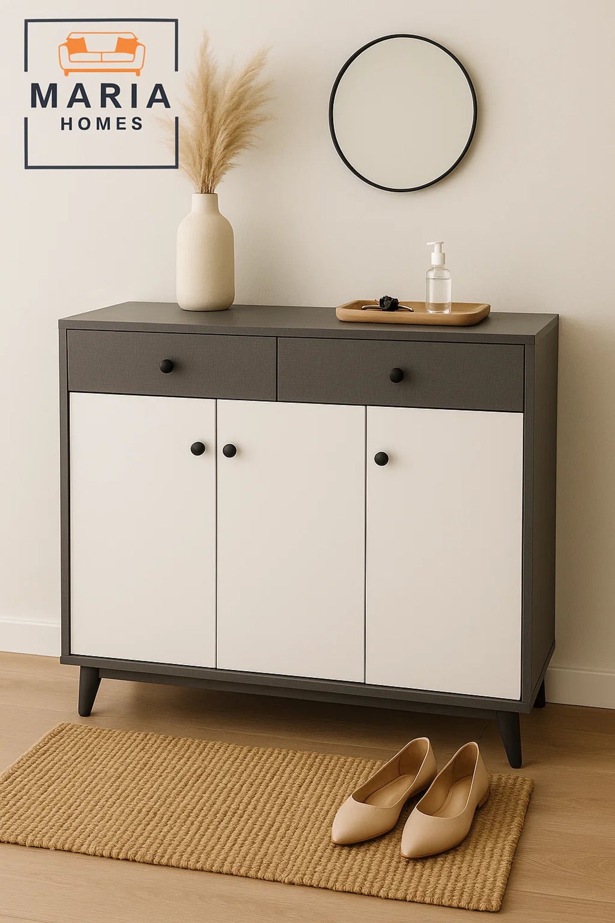 Modern White and Grey Shoe Rack Cabinet with Drawers Ð Stylish Entryway Storage Organizer