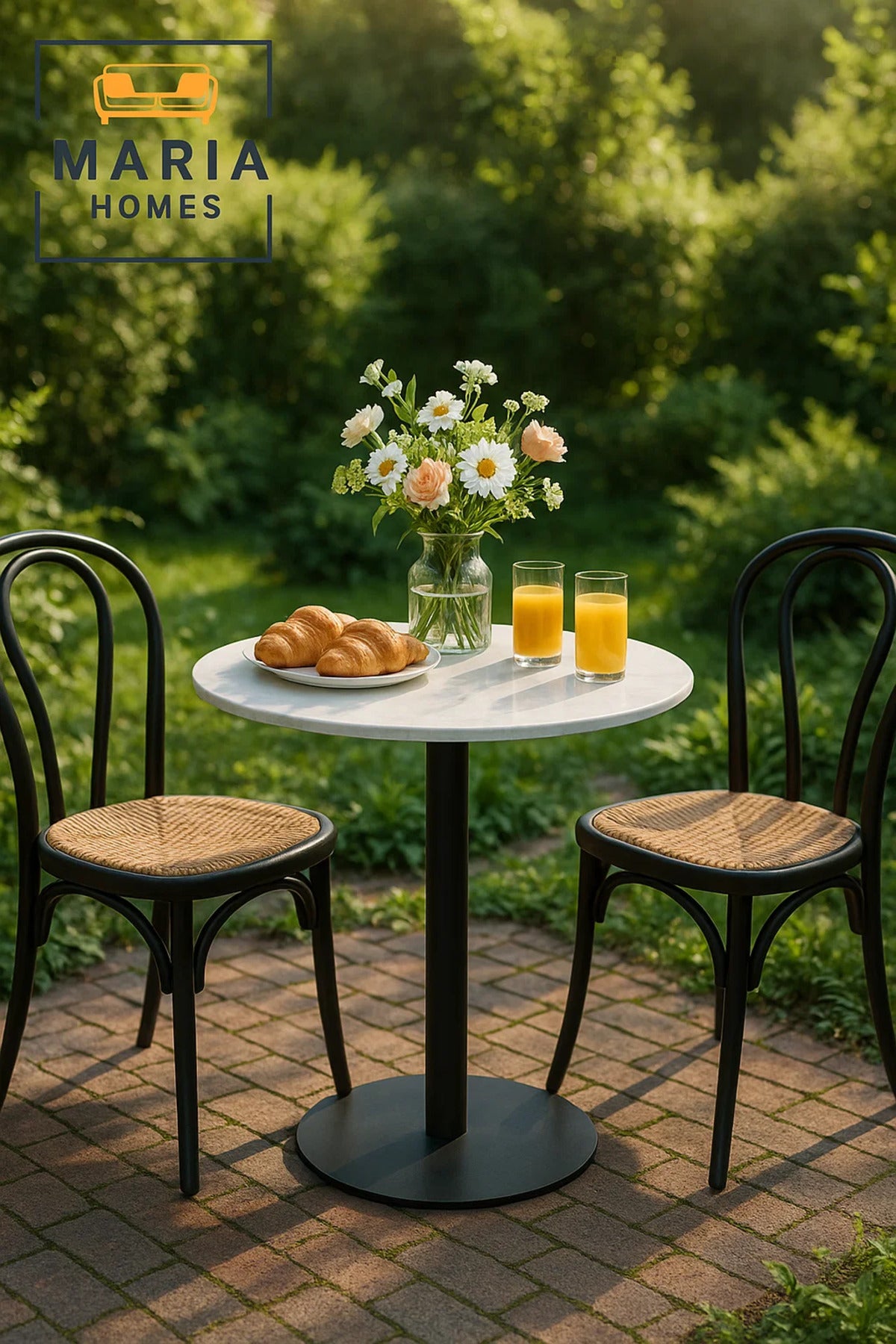 Round White Marble Table with Black Metal Pedestal Base