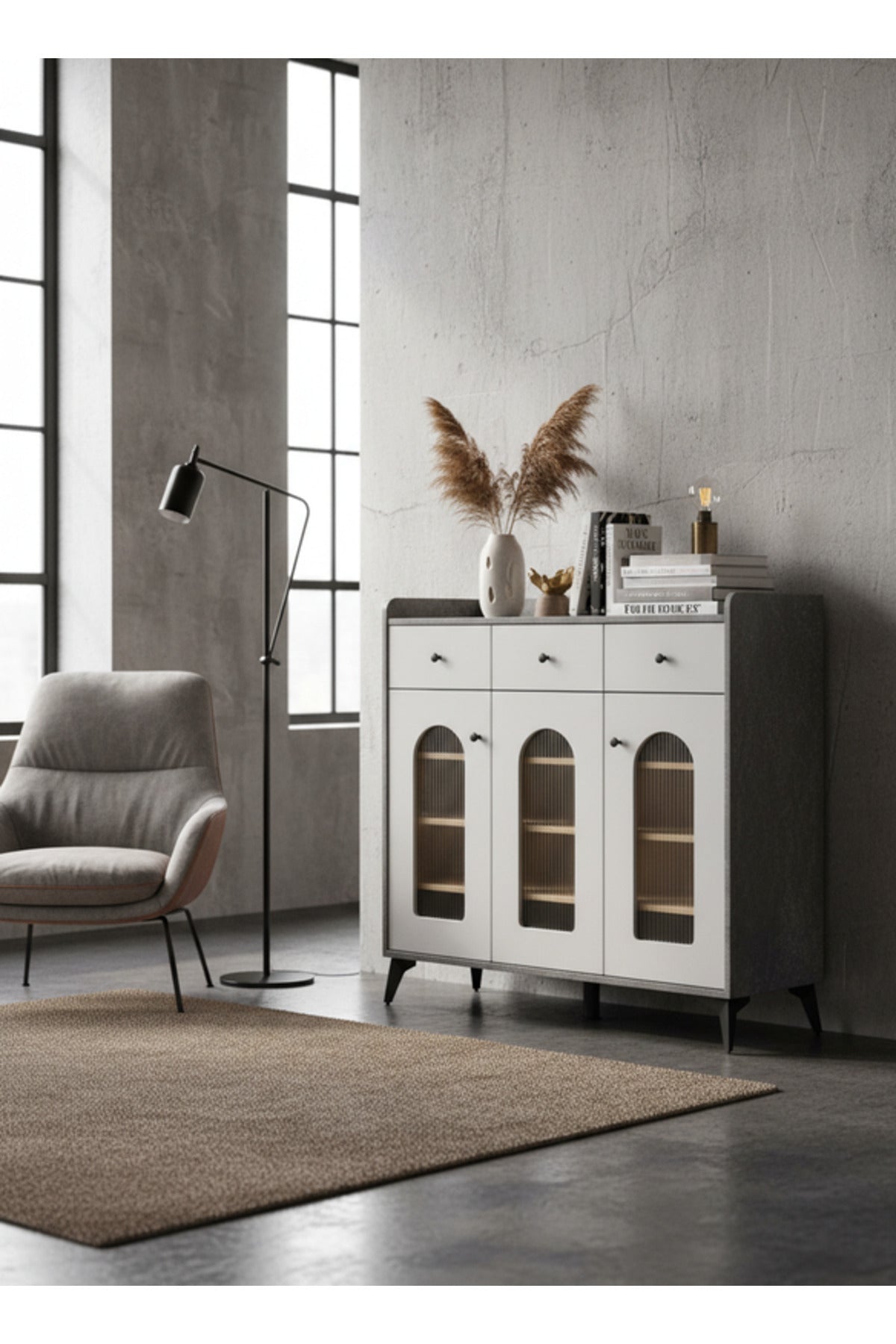 Modern Grey Sideboard Cabinet with Glass Doors & LED Display Shelves