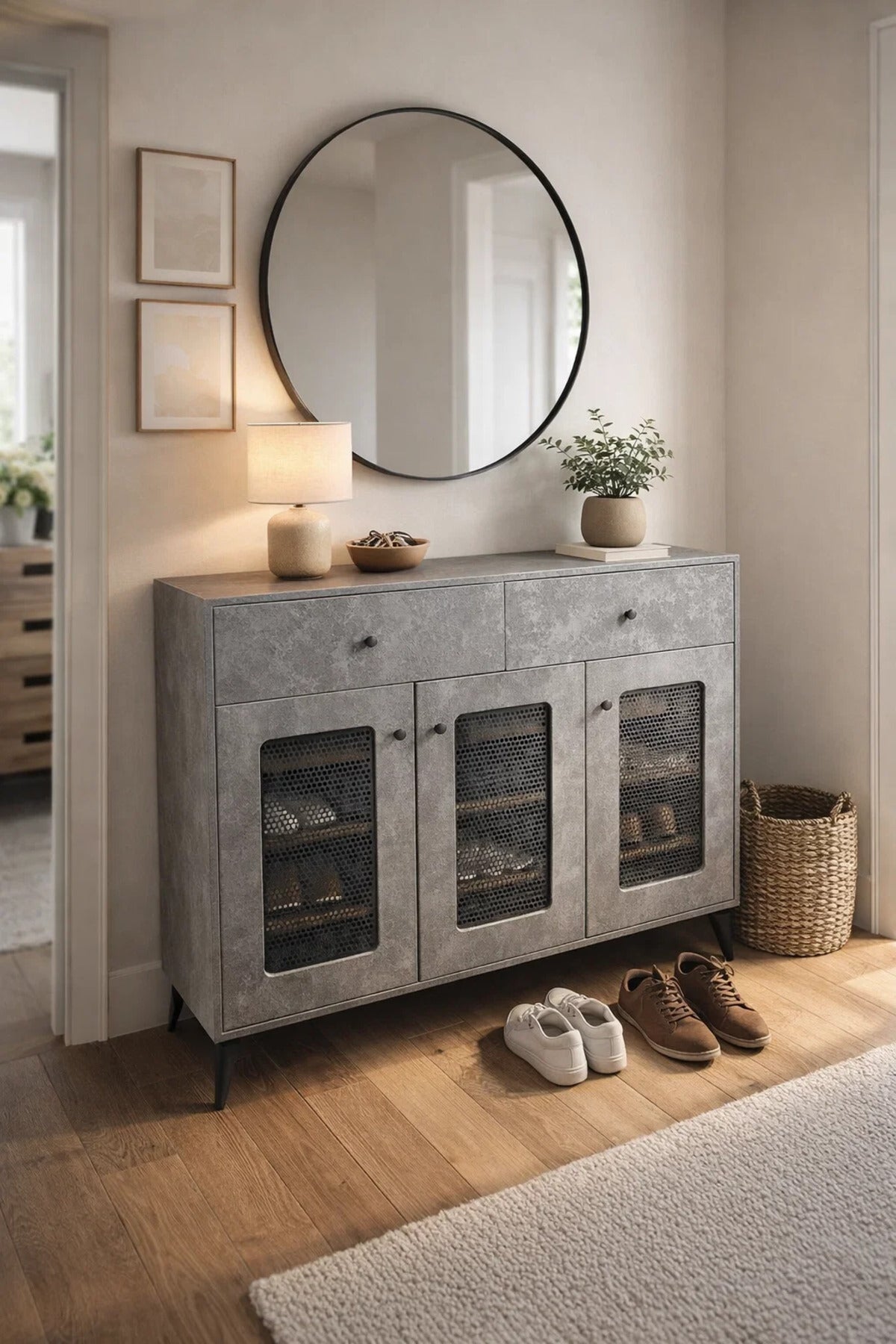 Modern Grey Shoe Cabinet with Three Mesh Doors and Two Drawers Storage Sideboard 120cm Wide