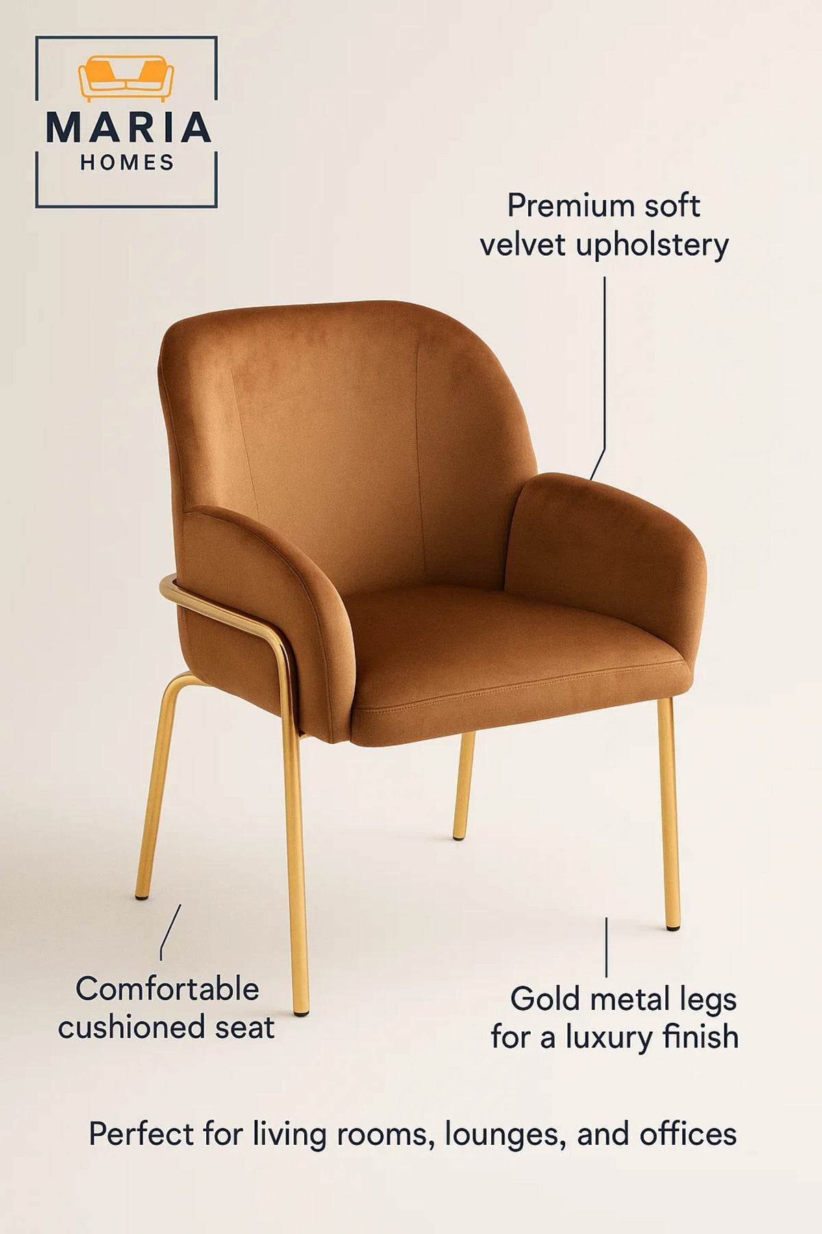 Luxury Modern Velvet Dining Chair with Armrest & Gold Legs, Comfortable Accent Chair for Home