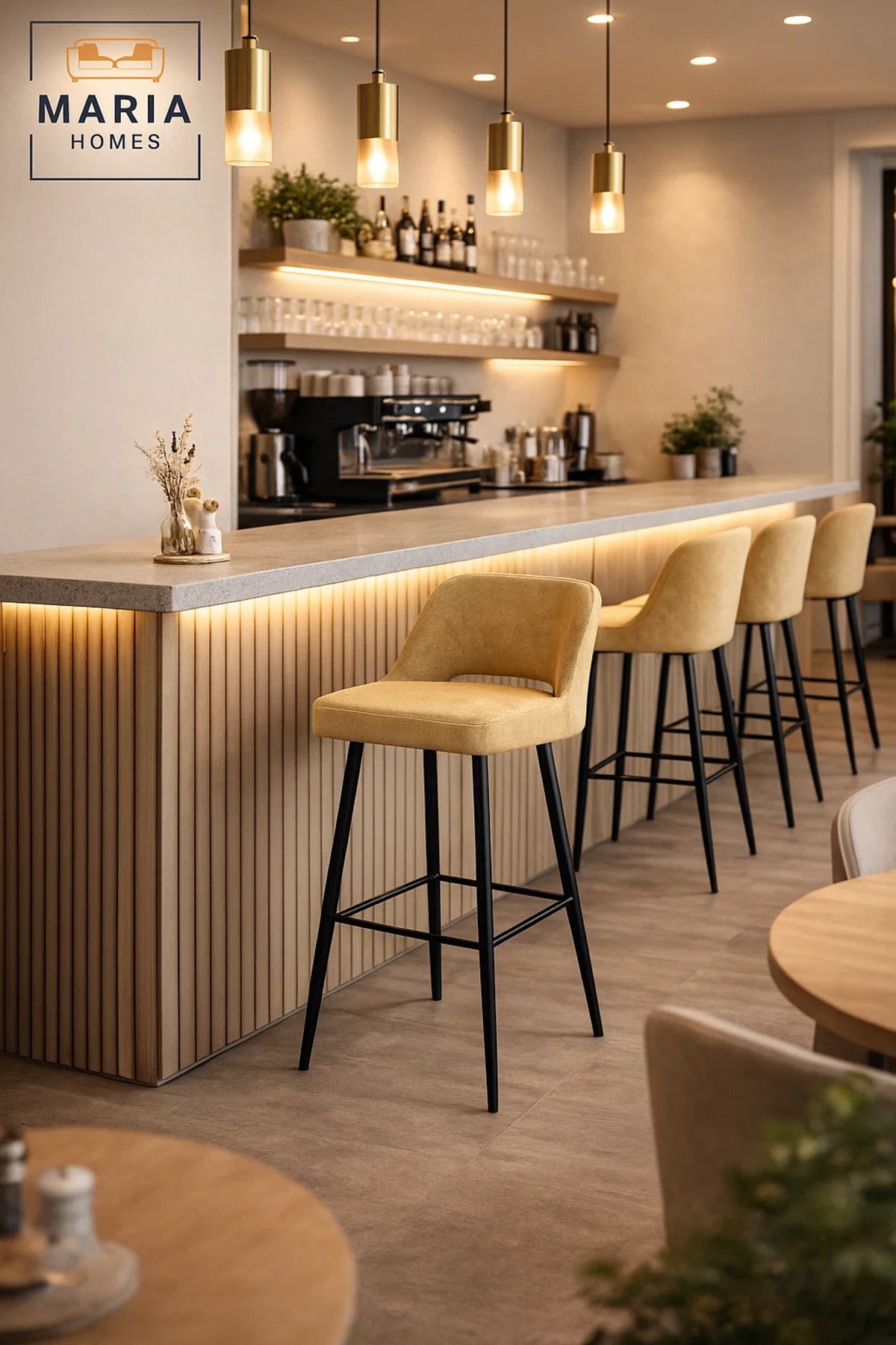 Modern Upholstered Bar Chair Yellow High Stool with Metal Legs