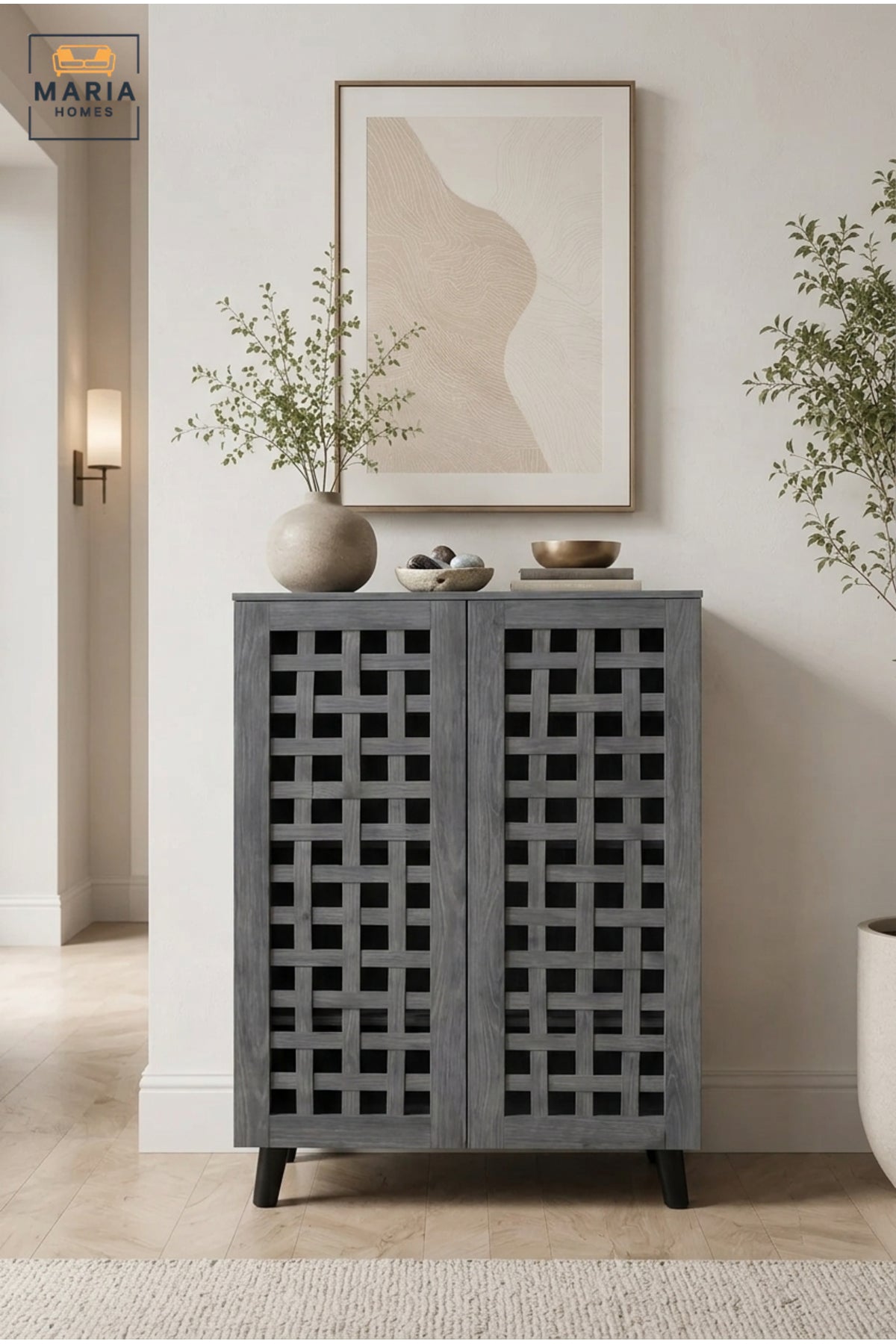 Modern Grey Storage Cabinet with Geometric Lattice Doors and Elevated Legs