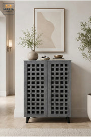 Modern Grey Storage Cabinet with Geometric Lattice Doors and Elevated Legs