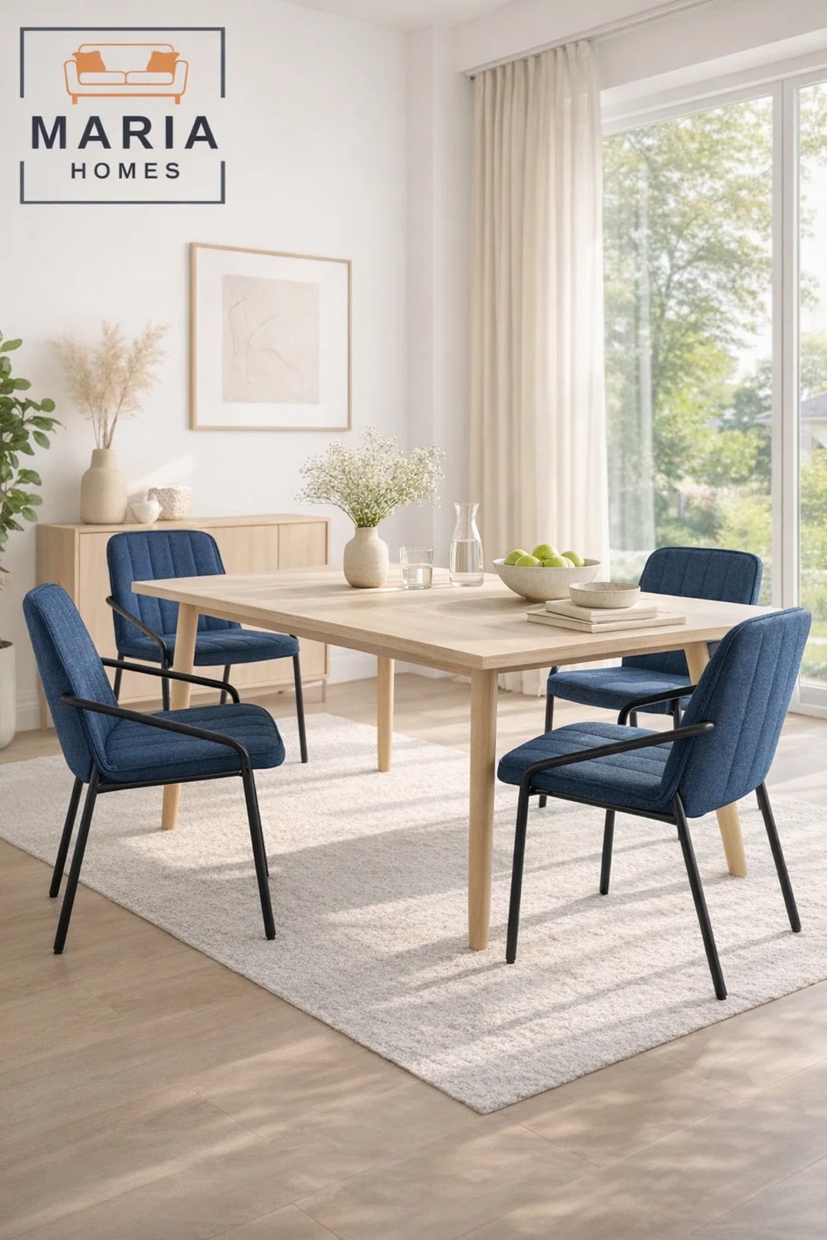 Deep Blue Upholstered Dining Chair with Black Metal Frame Ð Modern Accent Chair with Armrests