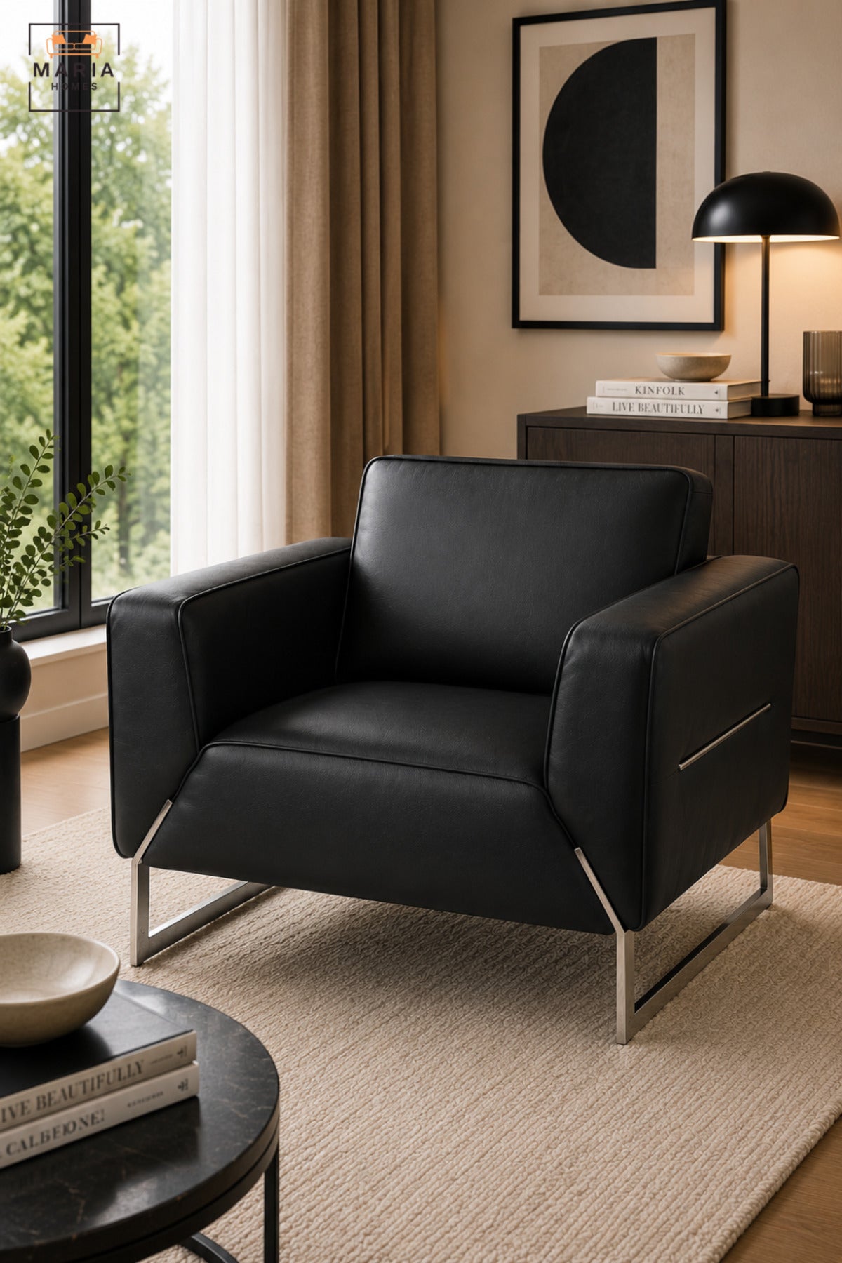 Modern Black Leather Armchair with Stainless Steel Sled Base, Wide Padded Seat & Armrests, Contemporary Accent Lounge Chair for Office Living Room Reception