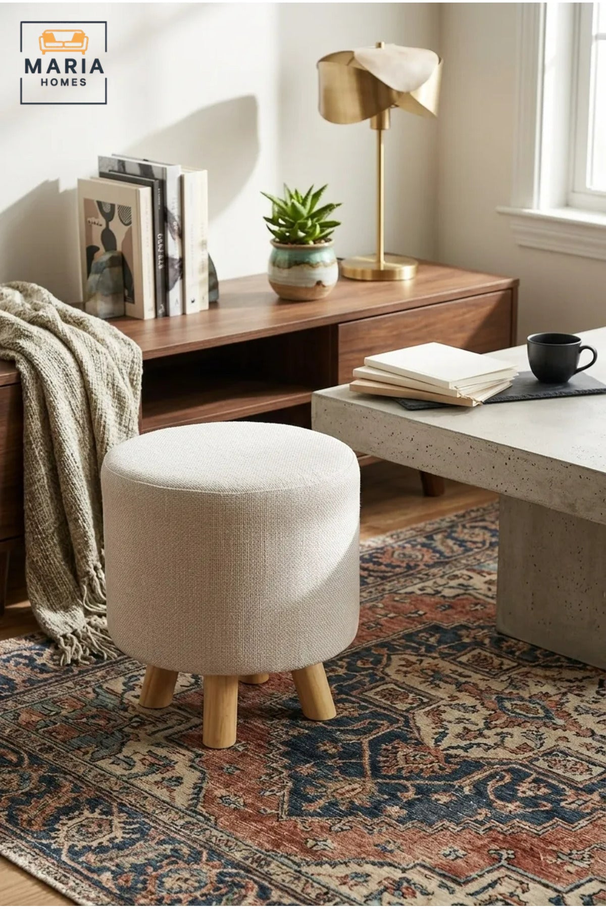 Modern Round Upholstered Ottoman with Wooden Legs, Compact Padded Footstool for Living Room, Bedroom, Dressing Area, Entryway and Reading Corner