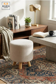 Modern Round Upholstered Ottoman with Wooden Legs, Compact Padded Footstool for Living Room, Bedroom, Dressing Area, Entryway and Reading Corner