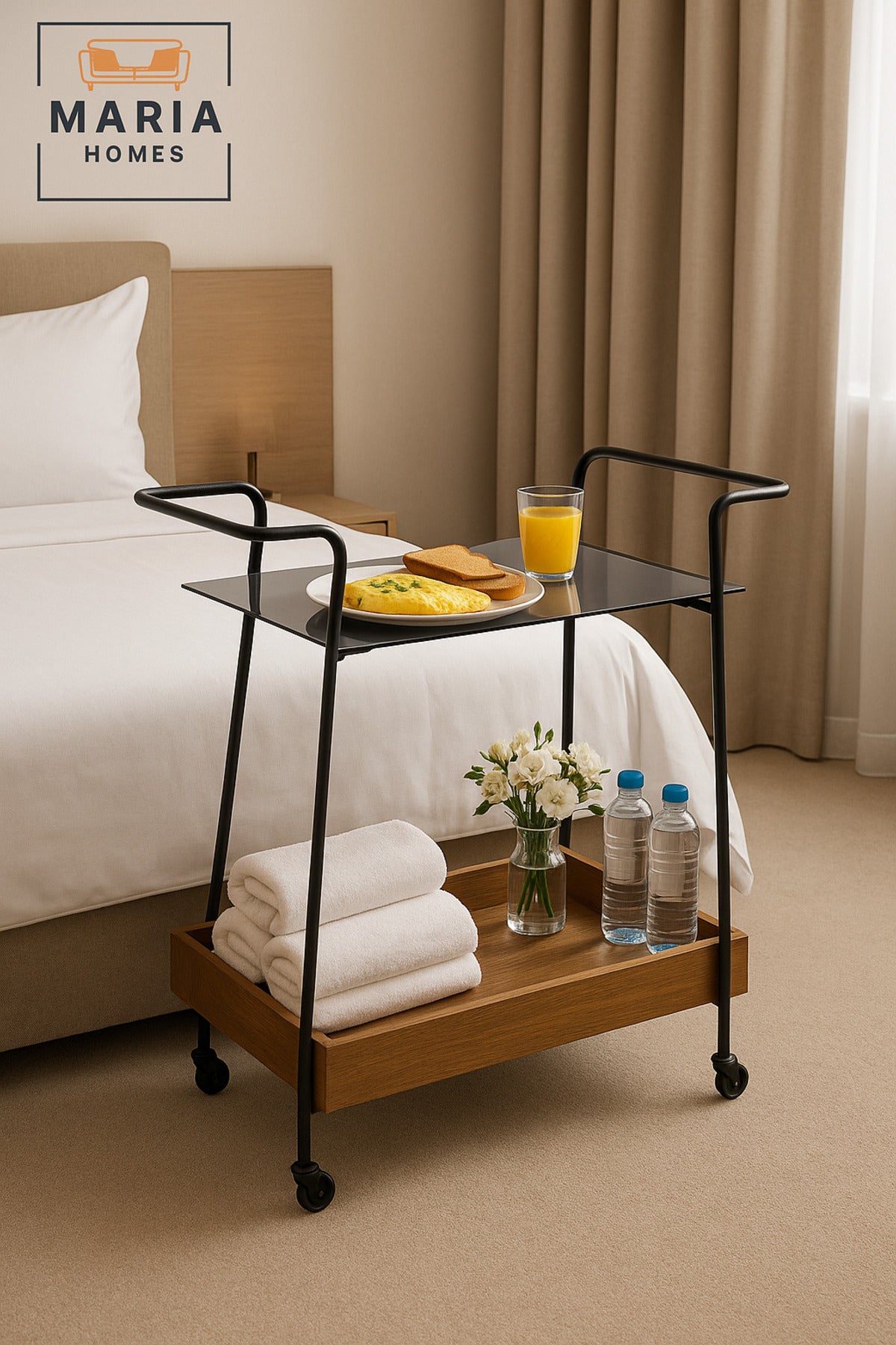 Bar Trolley with Brown Wooden Tray & Gray Glass Top Ð Modern Serving Cart with Wheels 70_45_85 cm