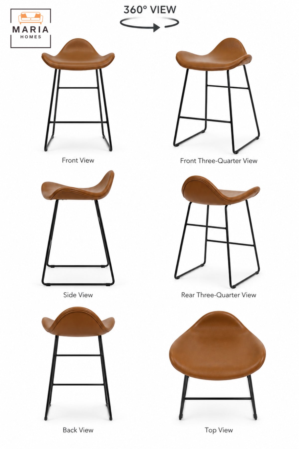 Modern High Bar Chair with Curved Padded Seat, Low Back Support & Slim Black Frame | Orange Upholstered Kitchen Counter and Café Chair 60x47x45 cm