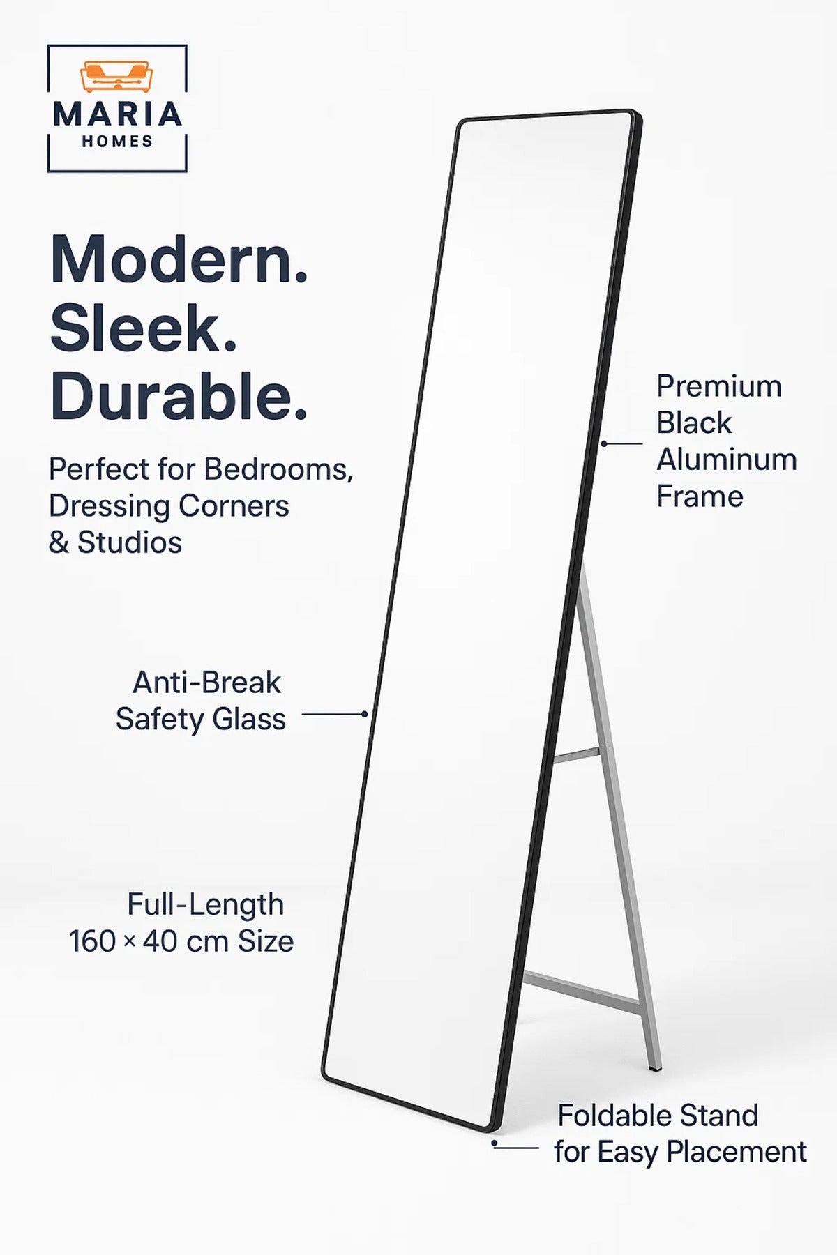 Full Length Black Frame Standing Mirror for Bedroom, Dressing & Living Room D≈Ωcor 160x40