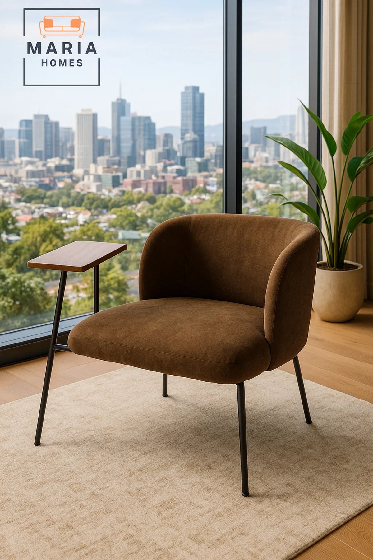 Wide Brown Fabric Lounge Chair Ð Modern Upholstered Armchair with Black Legs for Home or Office Use