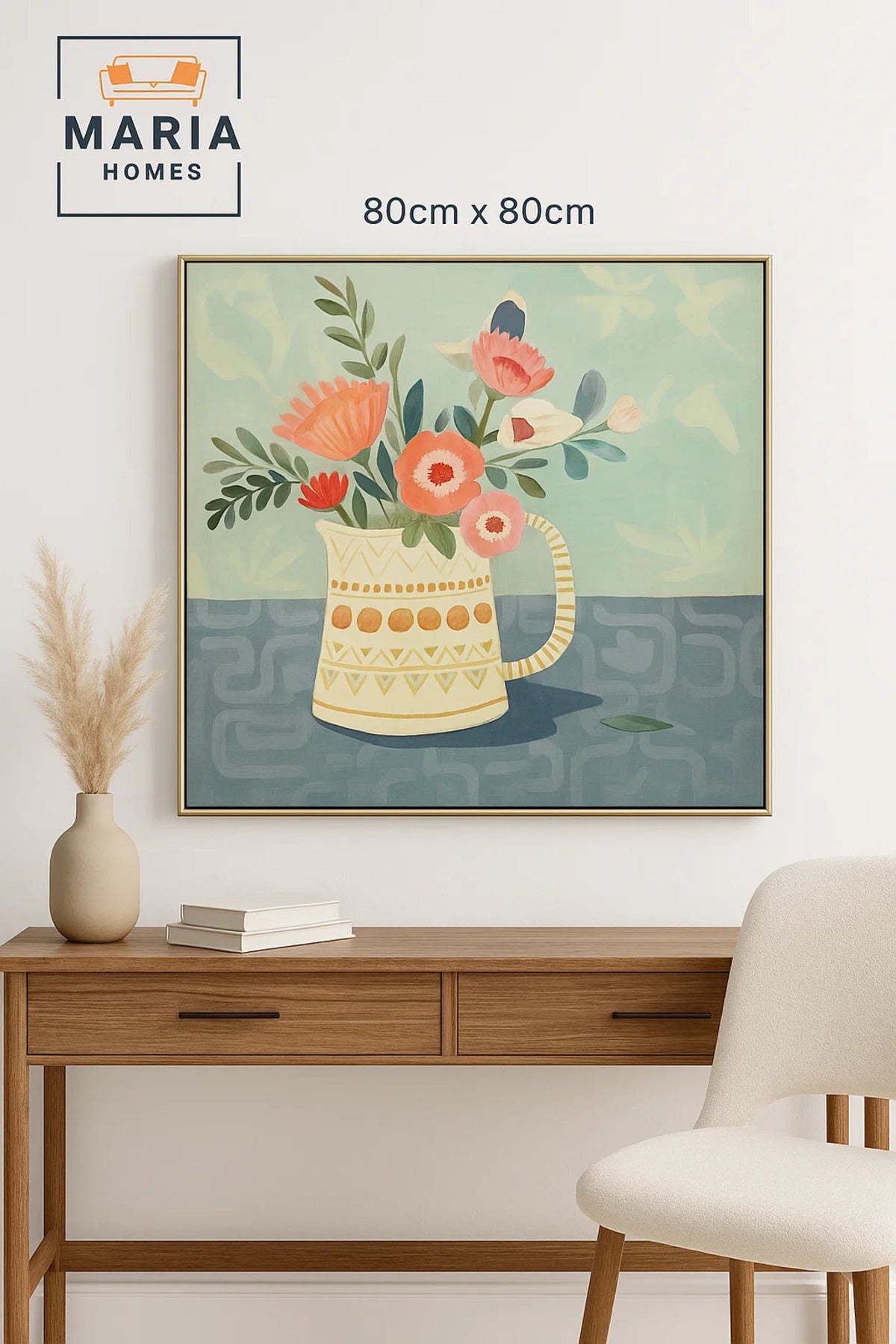 Framed Floral Wall Art Ð Vase with Pastel Flowers on Soft Blue Background.Size 80*80 cm