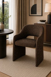 Modern Brown Fabric Accent Chair with Curved Backrest, Integrated Armrests, Open Back & Padded Seat, Contemporary Dining Lounge Chair for Living Room Office