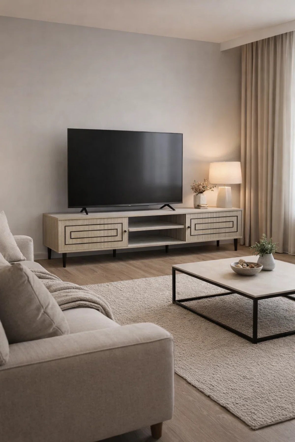 Premium Beige Wood TV Unit 180cm Media Stand with Black Metal Legs for Modern Living Rooms