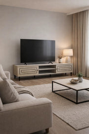 Premium Beige Wood TV Unit 180cm Media Stand with Black Metal Legs for Modern Living Rooms