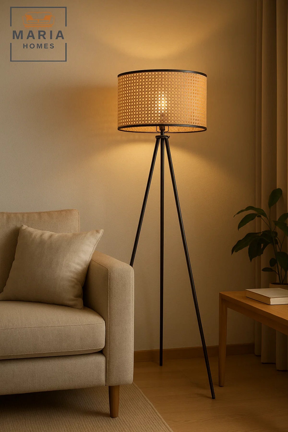 Tripod Floor Lamp with Rattan Drum Shade