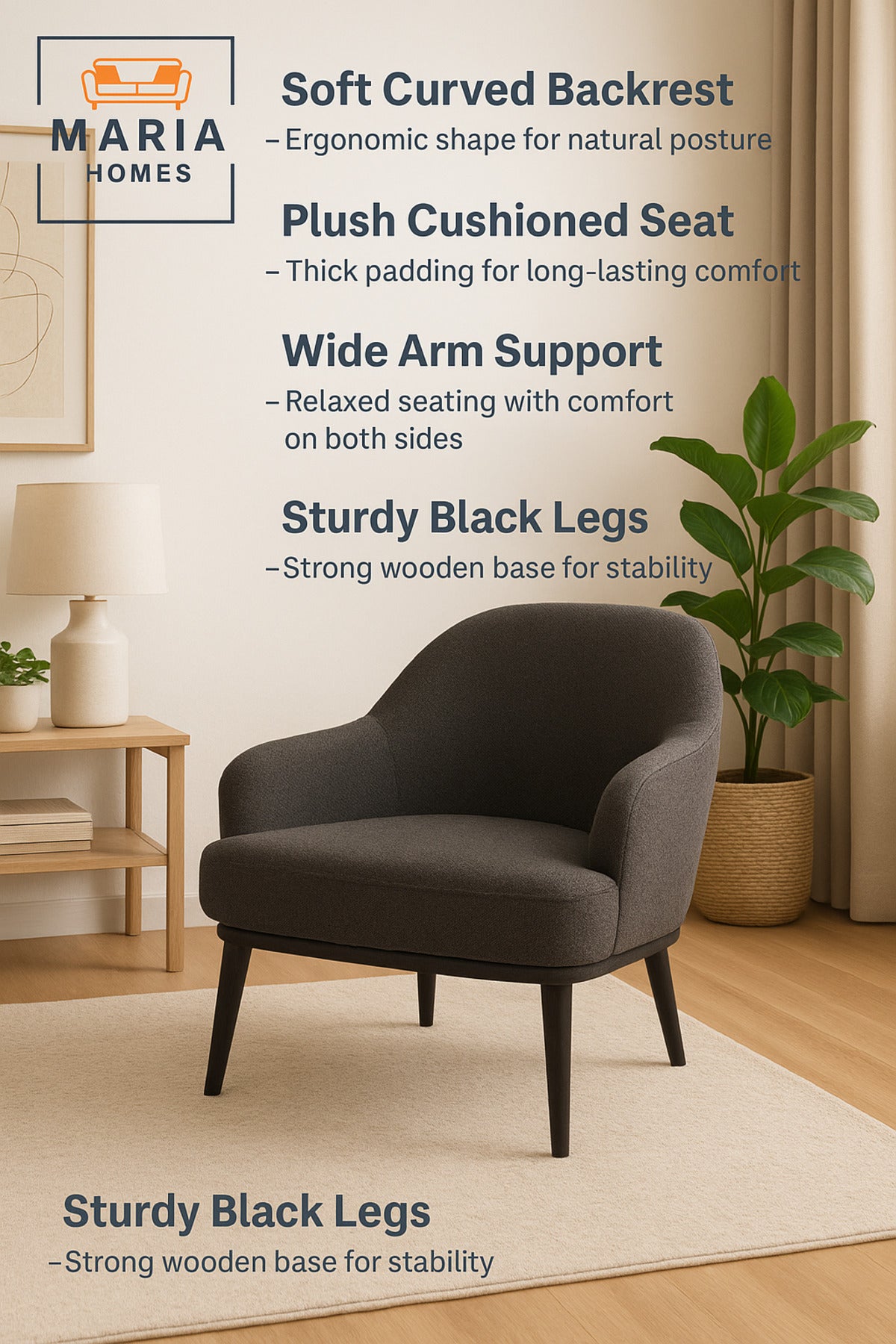 Dark Gray Armchair Ð Modern One-Seater Sofa with Fabric Upholstery & Black Legs