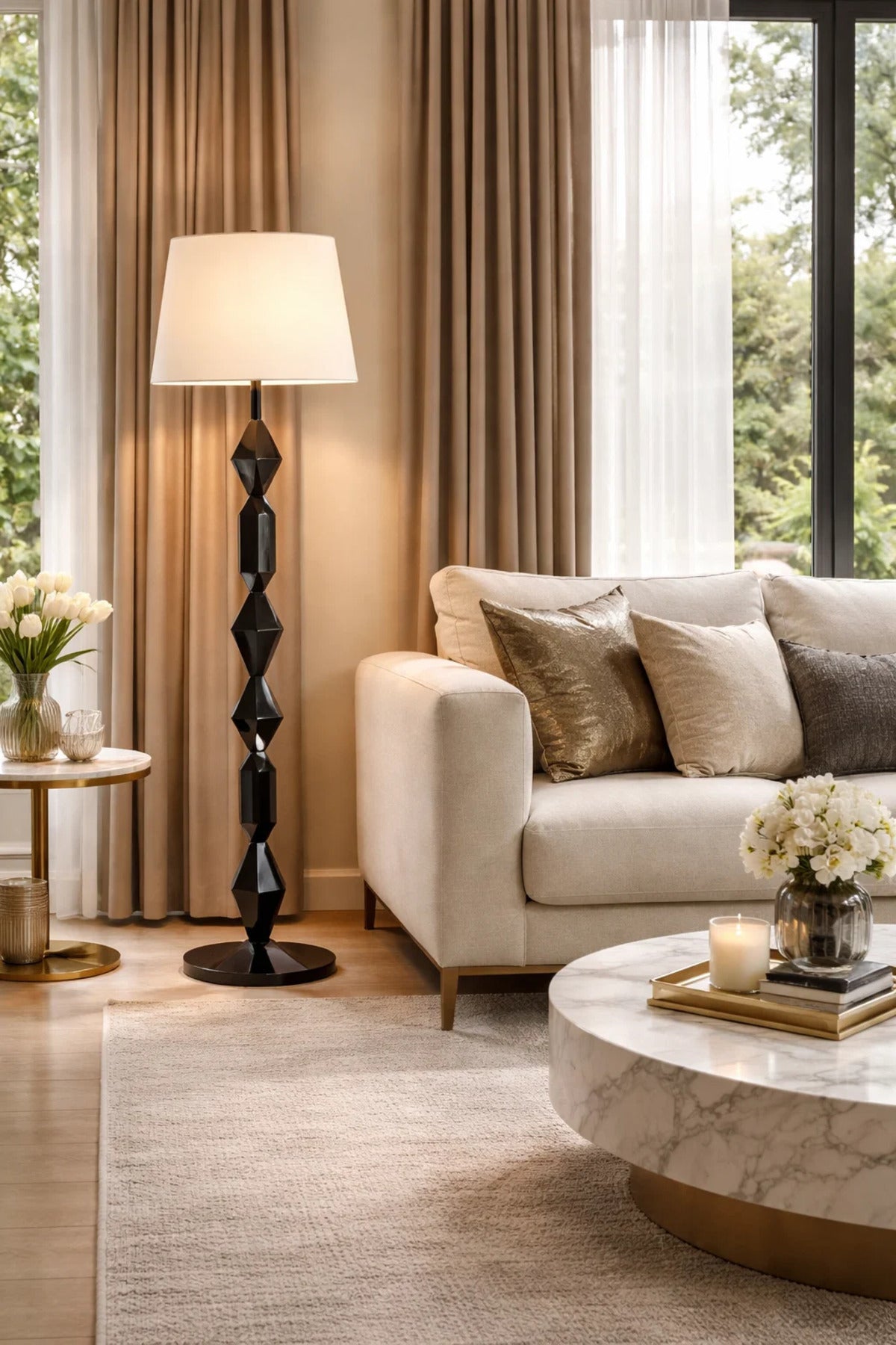 Modern Decorative Floor Lamp with Fabric Shade and Geometric Base Design