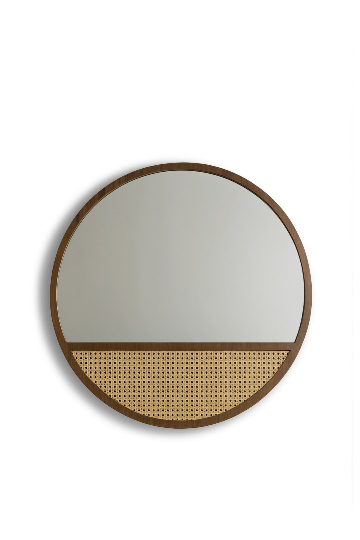 Round Wall Mirror 60cm – Dark Wood Frame With Rattan Accent