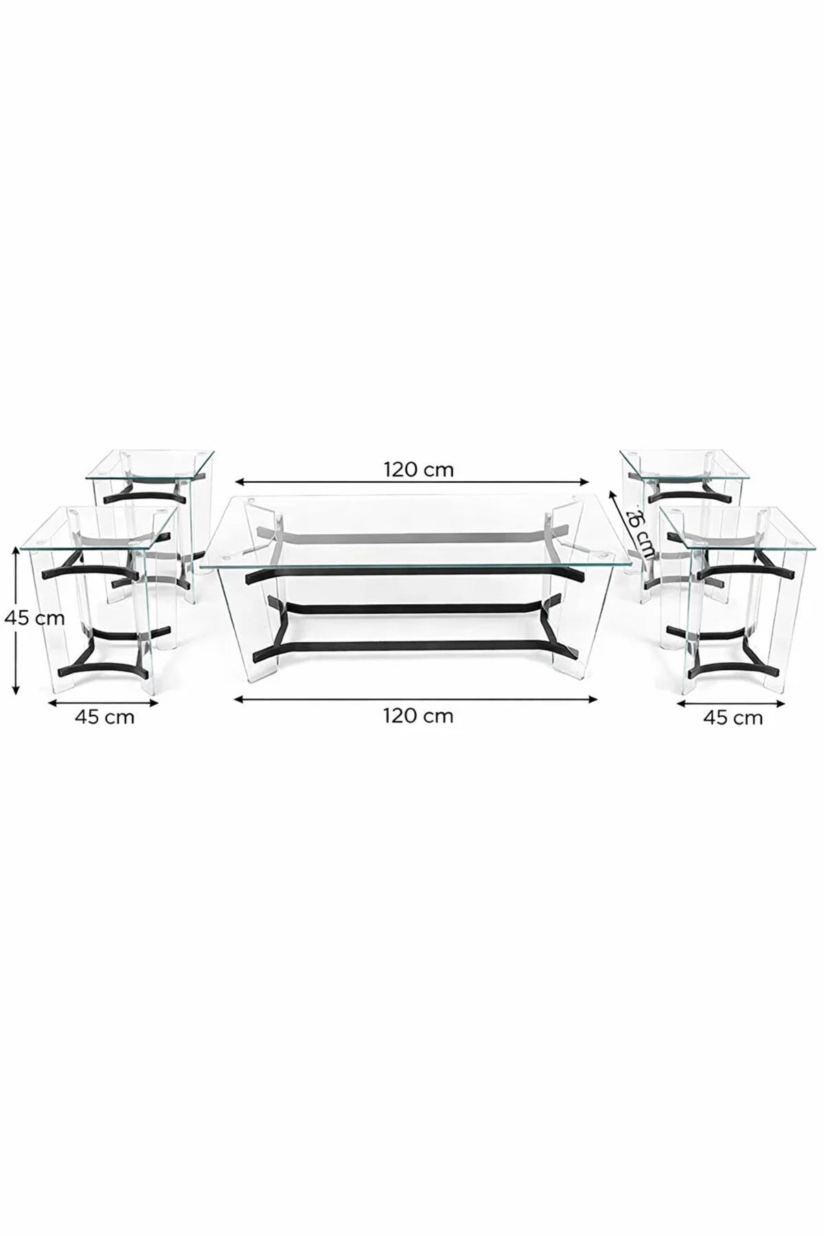 Modern Acrylic Coffee Table Set with Glass Top √ê 1+4 Black Frame Living Room Set