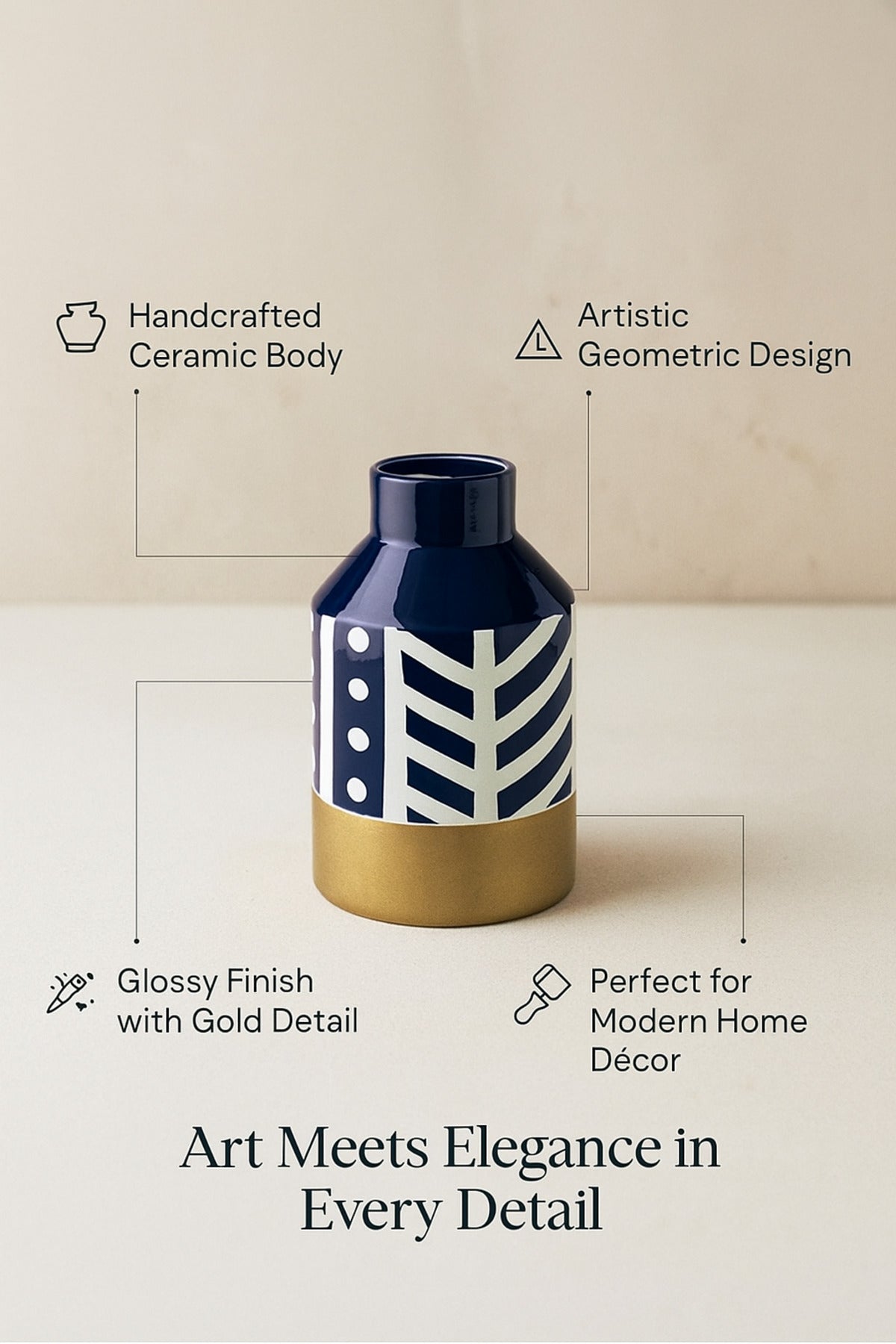 Dark Blue and White Ceramic Vase Ð Modern Geometric Decorative Piece