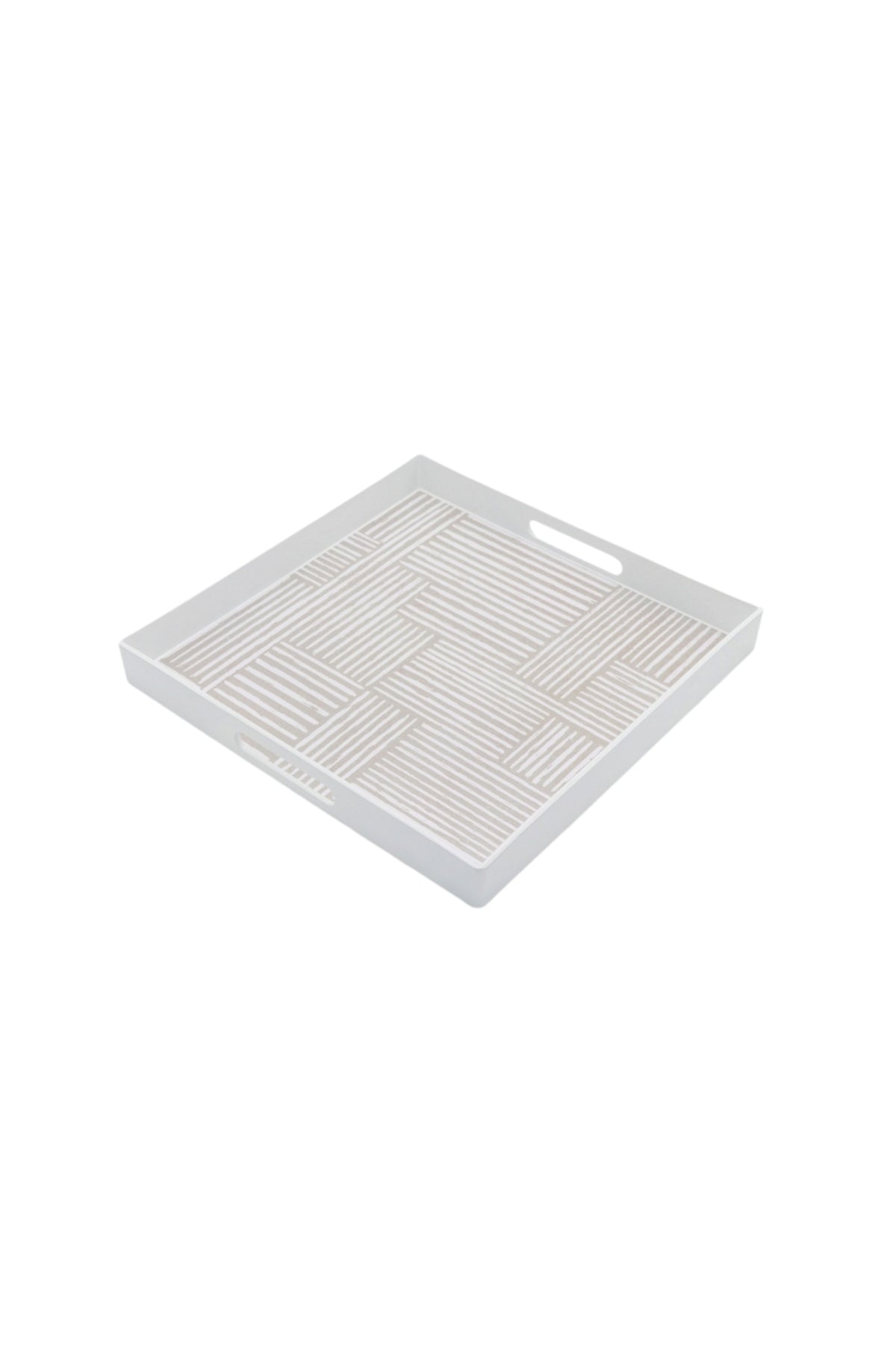 Square Plastic Serving Tray with Neutral Linear Block Pattern Ð White Frame