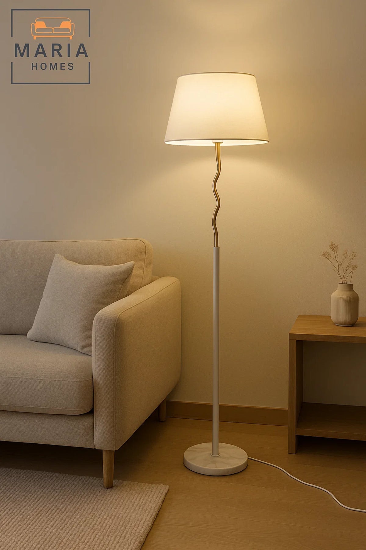 Modern White Floor Lamp with Brass Accent and Marble Base