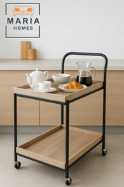 Rustic 2-Tier Serving Trolley Ð Light Oak Wood Bar Cart with Black Metal Frame and Rolling Wheels