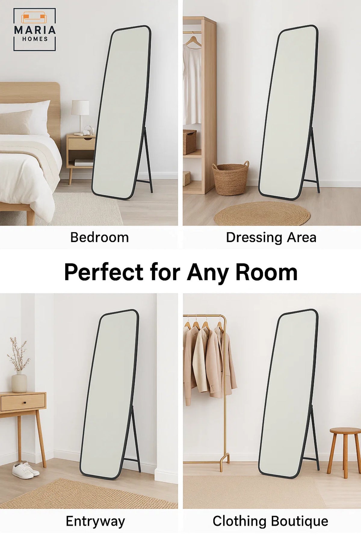 Black Full-Length Mirror with Rounded Corners Ð 170x54 cm Standing Frame