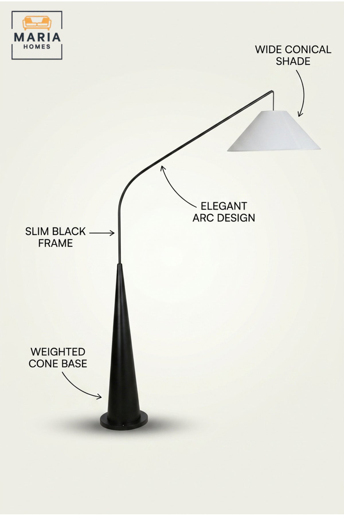 Modern Arc Floor Lamp with Long Curved Arm, Conical Base and Wide Fabric Shade Overhanging Standing Light for Living Room Bedroom and Reading Corner